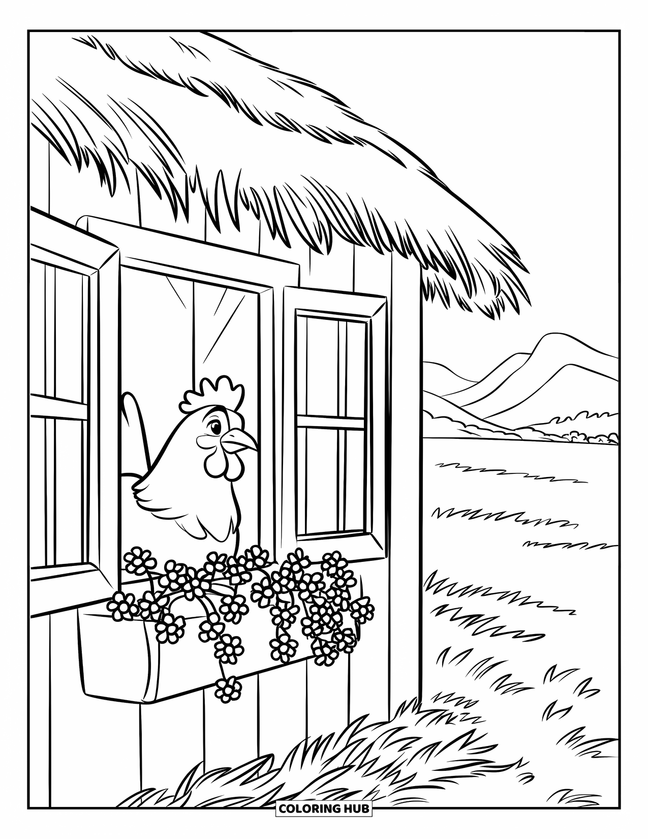 Chicken Coloring Page for Kids: Hen peeking through a barn window with flowers on the sill
