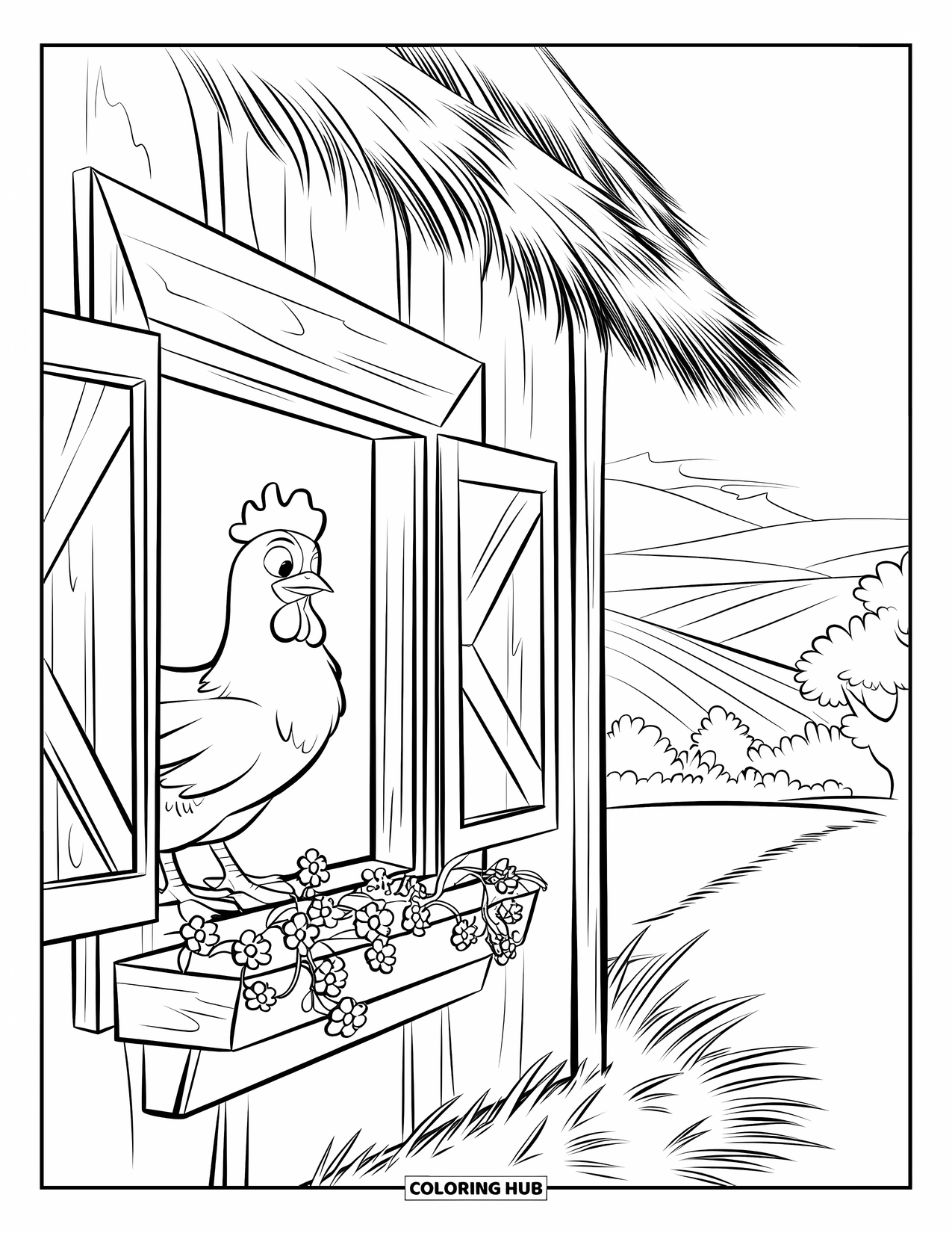 Chicken Coloring Page for Kids: Hen peeks out from a barn window with hills and trees beyond