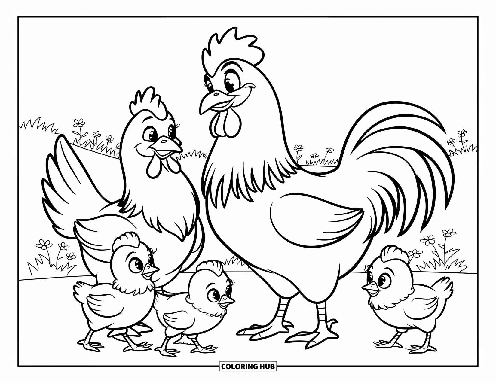 Chicken Coloring Page for Kids: Hen, rooster, and chicks explore a field filled with flowers