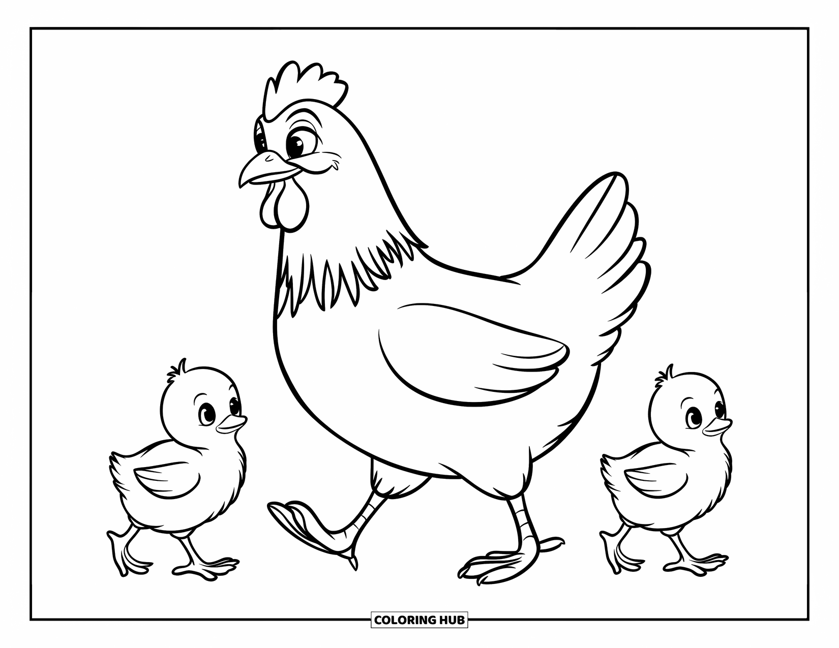 Chicken Coloring Page for Kids: Hen walking with two chicks trailing behind