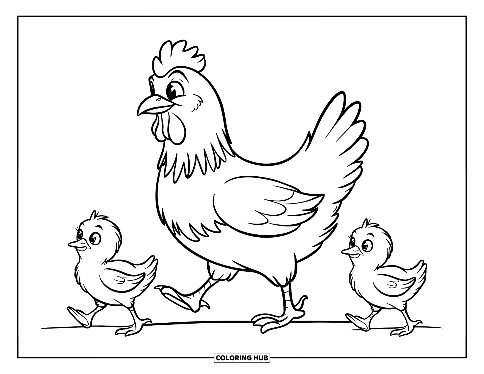 Chicken Coloring Page for Kids: Hen with two chicks walking on clean ground with bold outlines