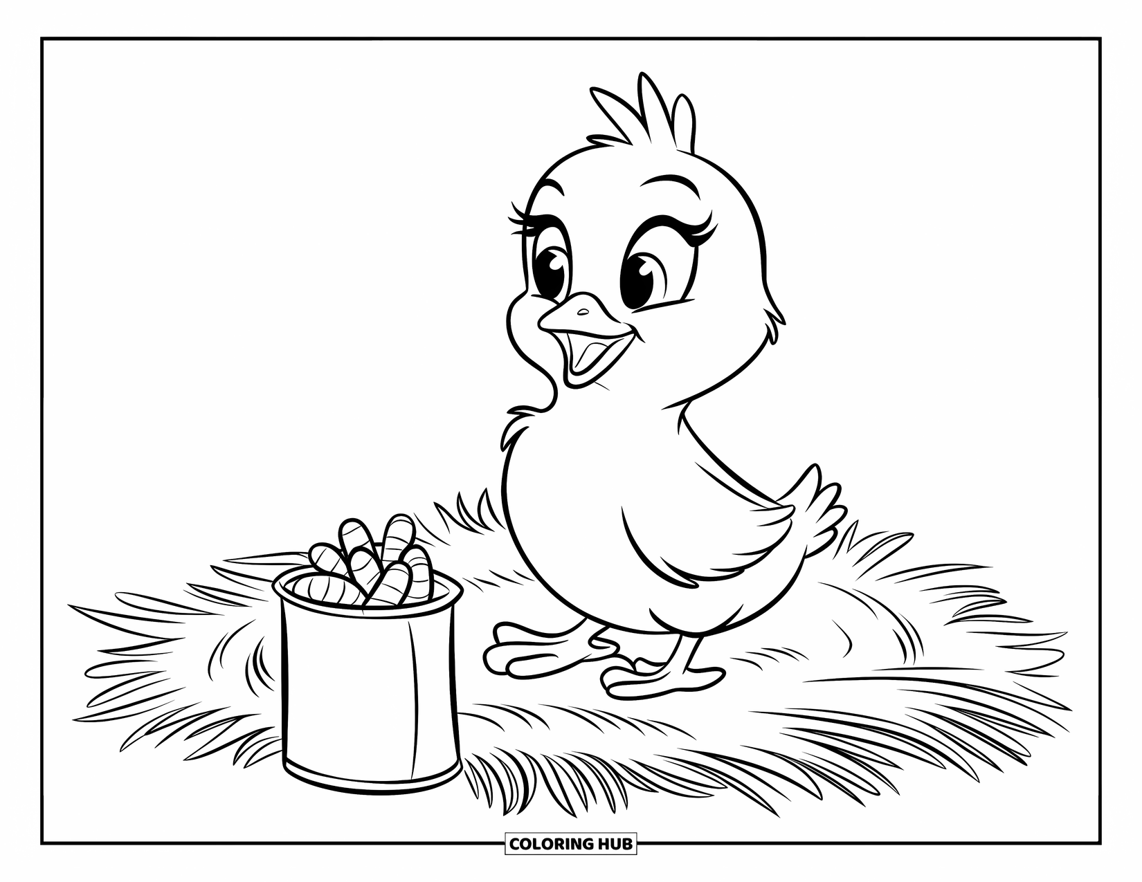 Chicken Coloring Page for Kids: Playful chick sitting on hay with a worm can nearby