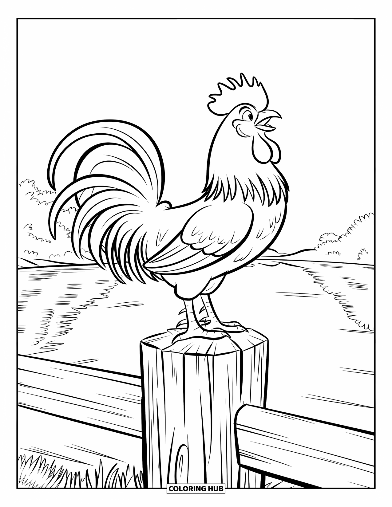 Chicken Coloring Page for Kids: Rooster crowing by a lake as dawn breaks behind him