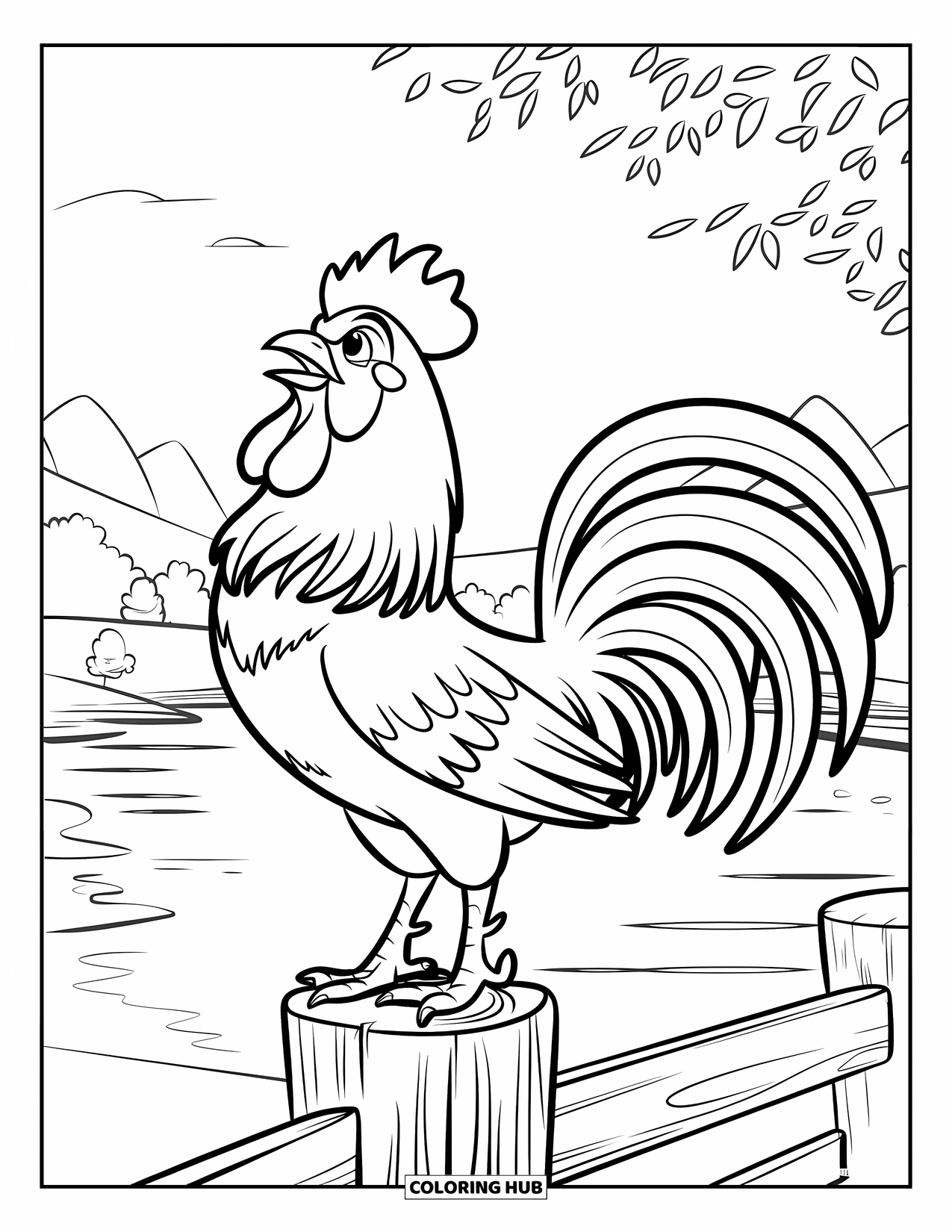 Chicken Coloring Page for Kids: Rooster perched on a fence post crowing at the break of dawn