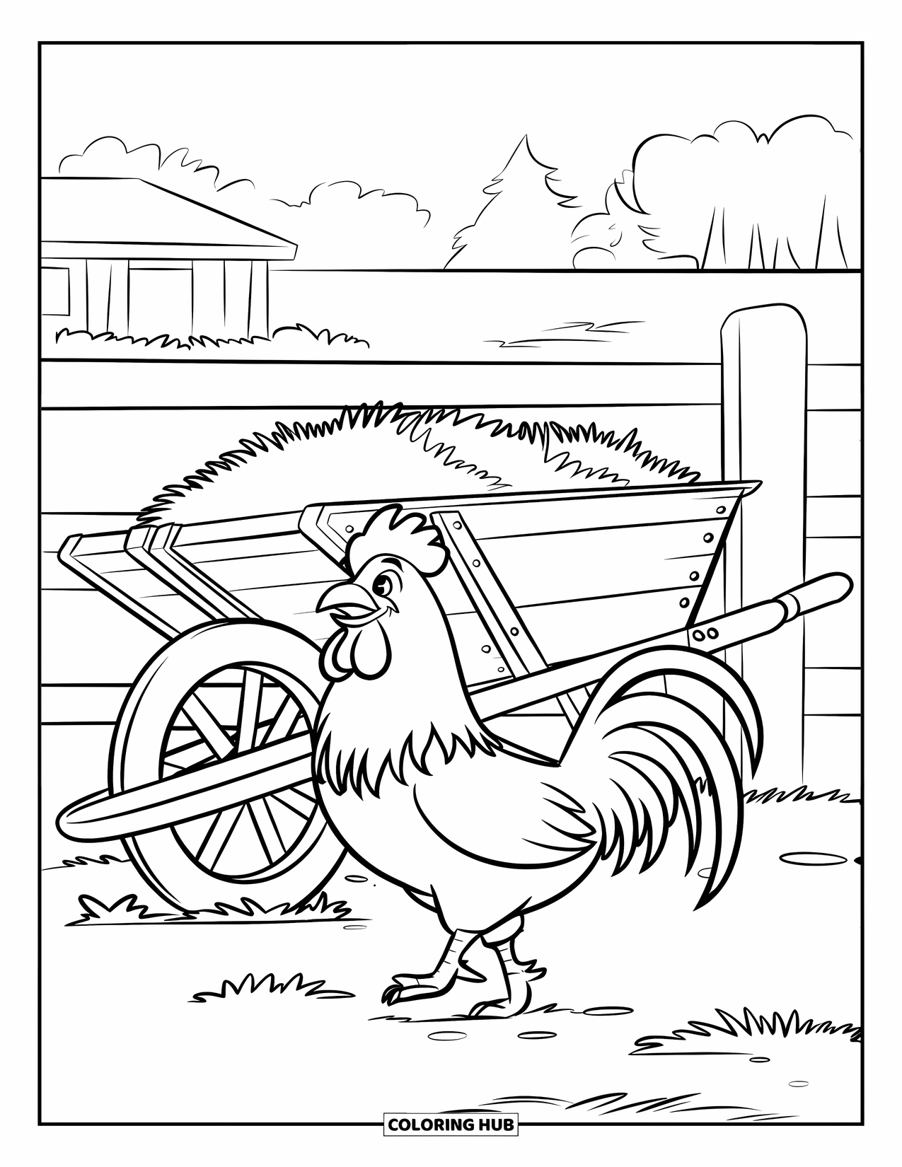 Chicken Coloring Page for Kids: Rooster walks past a wheelbarrow filled with hay in a peaceful field