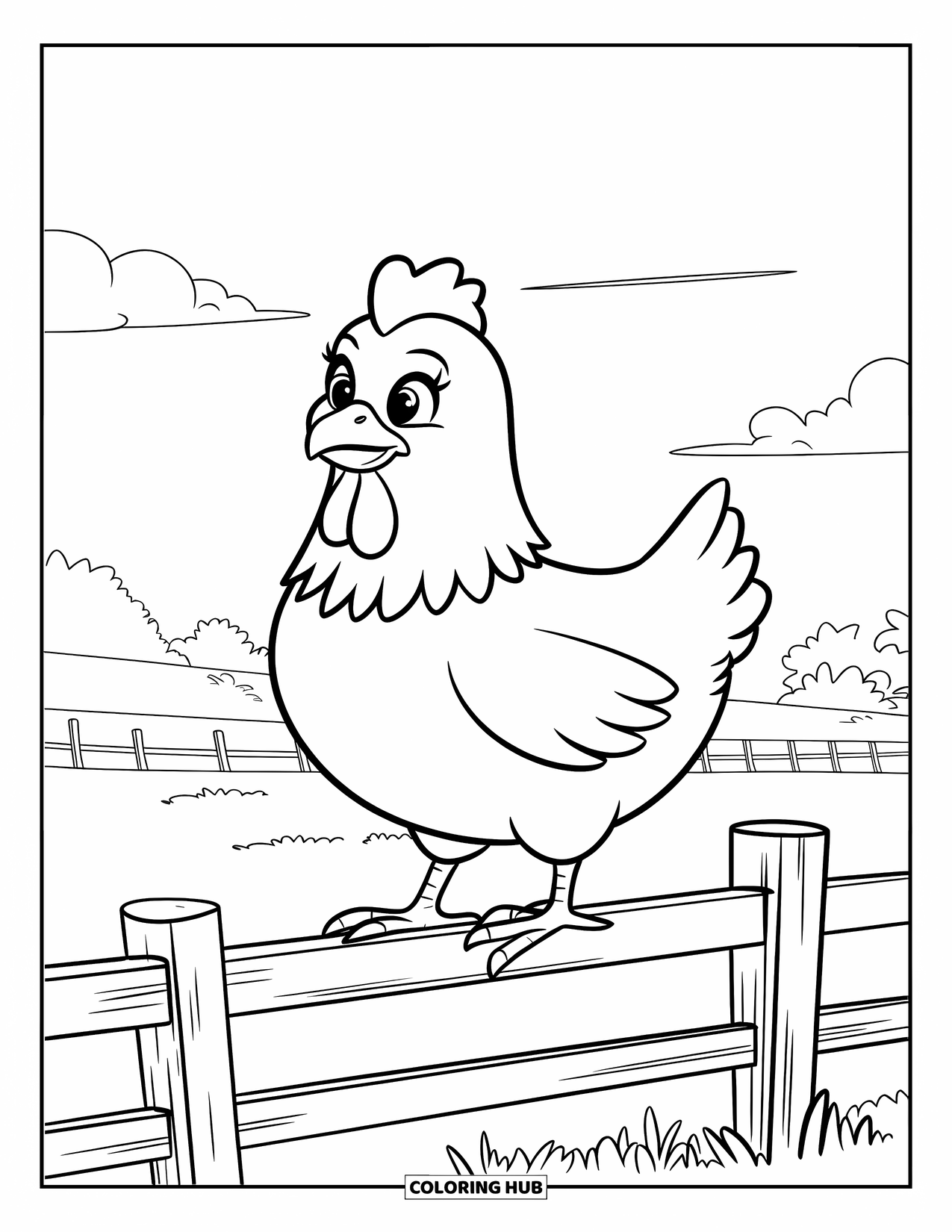 Chicken Coloring Page for Kids: Round chicken standing on a wooden fence with a peaceful countryside view