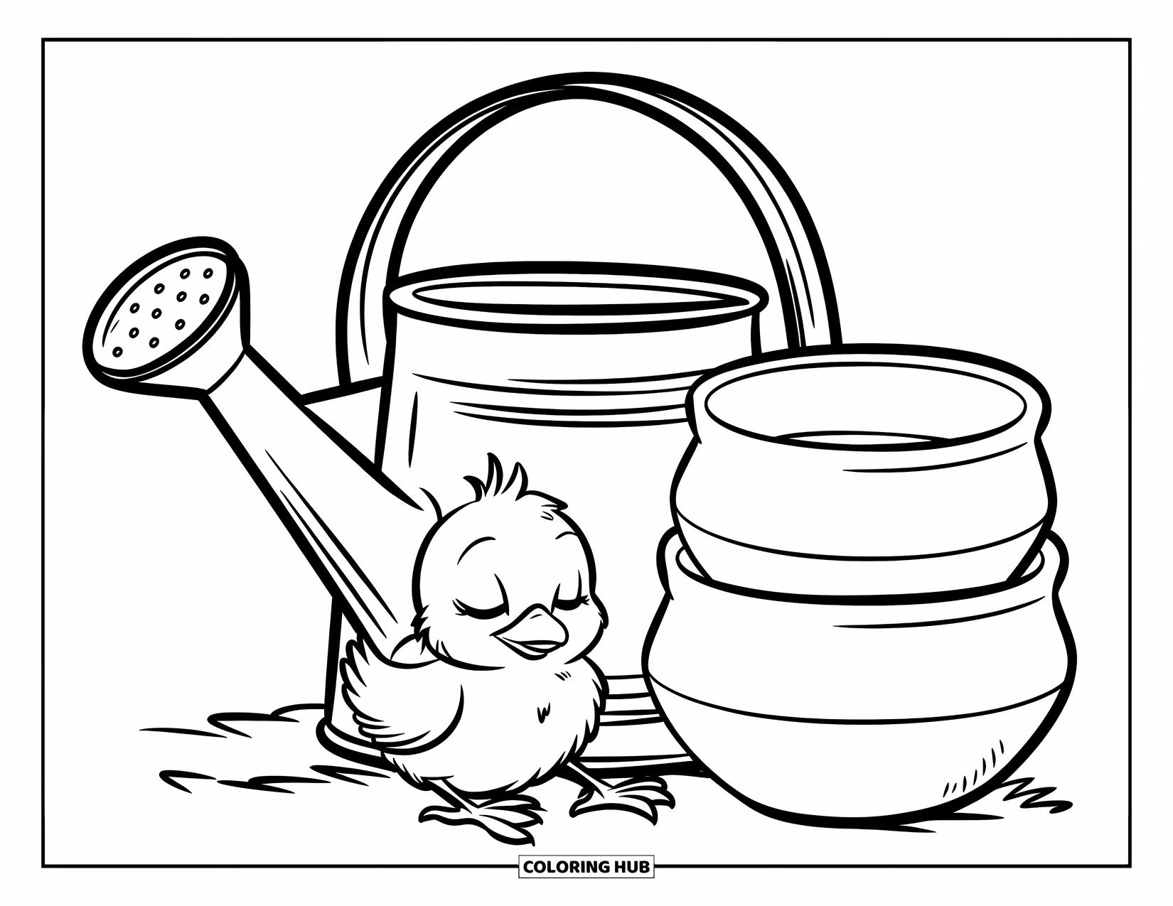 Chicken Coloring Page for Kids: Sleepy chick snuggled up next to a watering can and clay pots