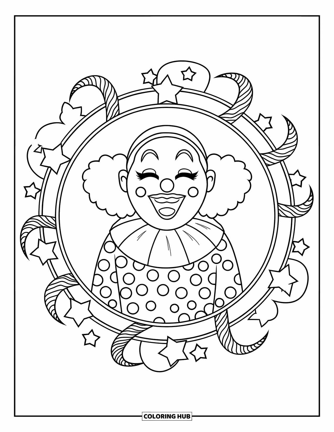 Clown Coloring Page for Adults: A bubbly clown laughs inside looping mandalas full of stars and ribbons