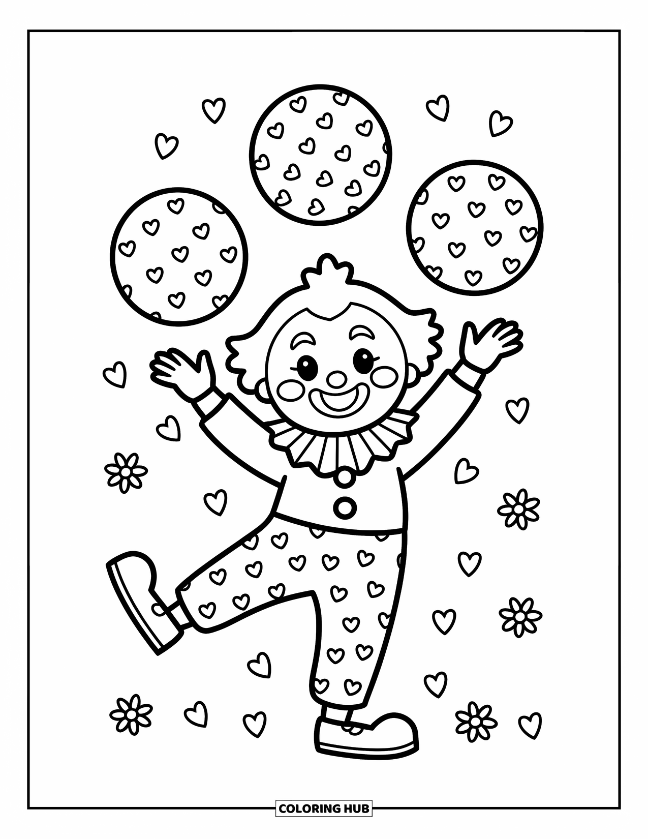 Clown Coloring Page for Adults: A cheerful clown balances on one foot while juggling patterned balls