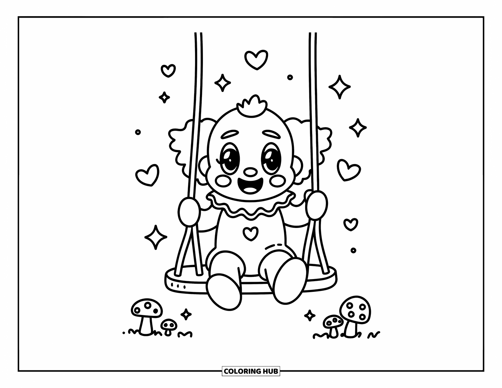 Clown Coloring Page for Adults: A cheerful clown sways on a swing with playful sparkles and little mushrooms nearby