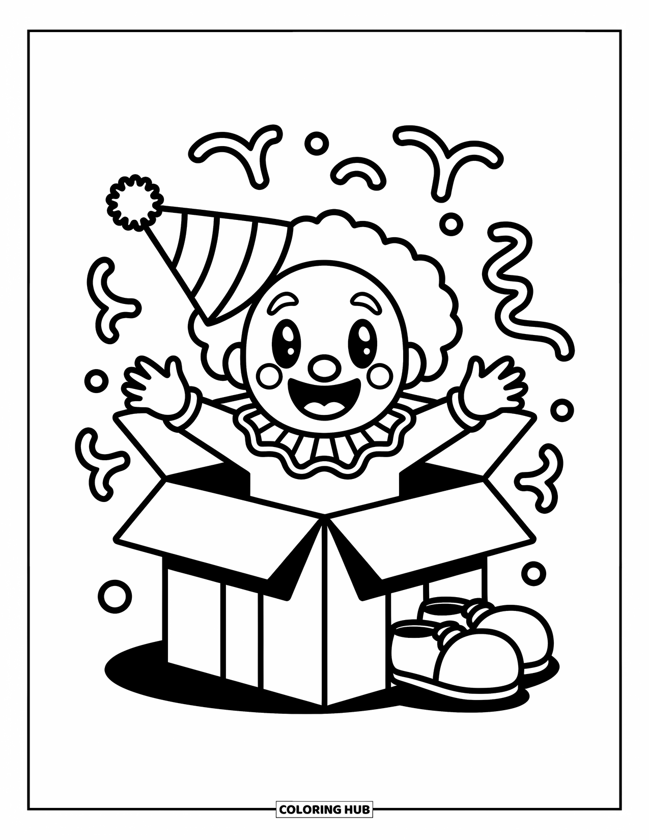 Clown Coloring Page for Adults: A clown jumps out of a gift box with streamers and oversized shoes popping out