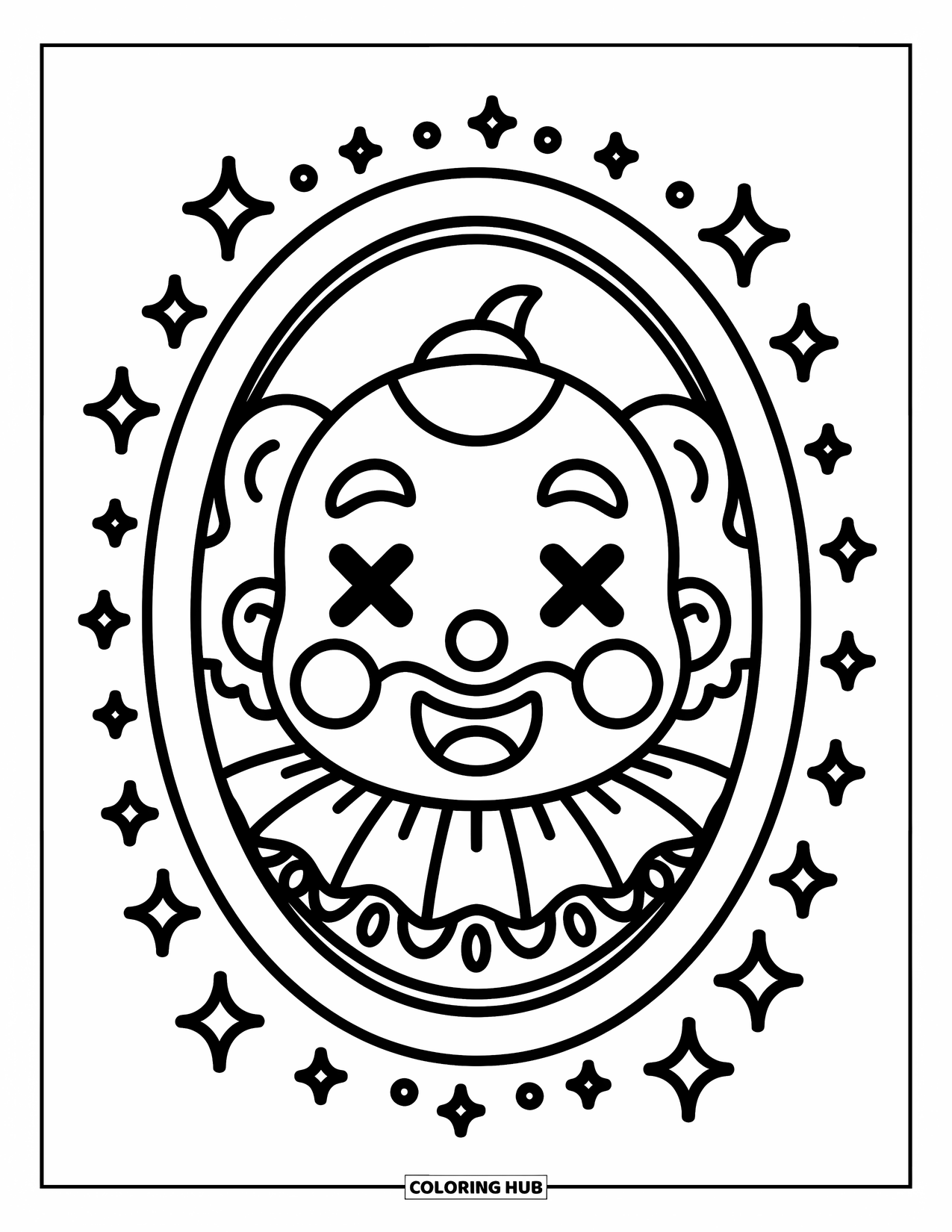 Clown Coloring Page for Adults: A clown makes a silly face in an oval mirror with stars and sparkles all around