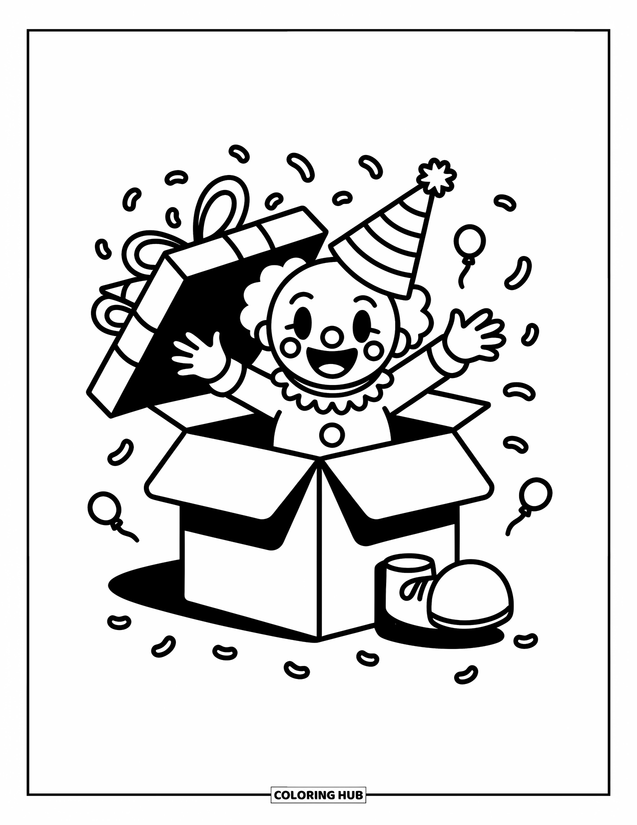 Clown Coloring Page for Adults: A clown pops out of a present with a party hat, smiling as confetti floats around
