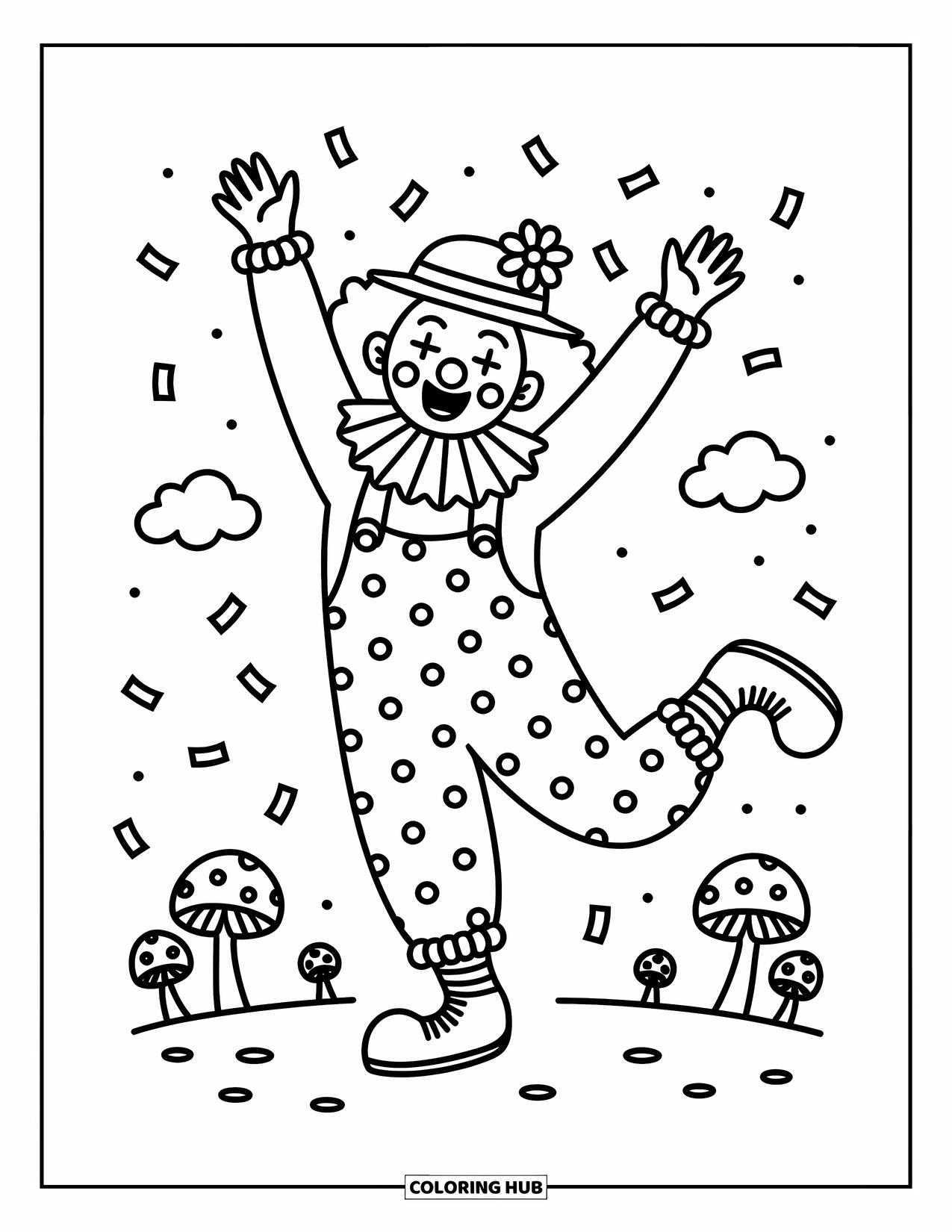 Clown Coloring Page for Adults: A clown twirls mid-dance with a flower hat and mini clouds floating around