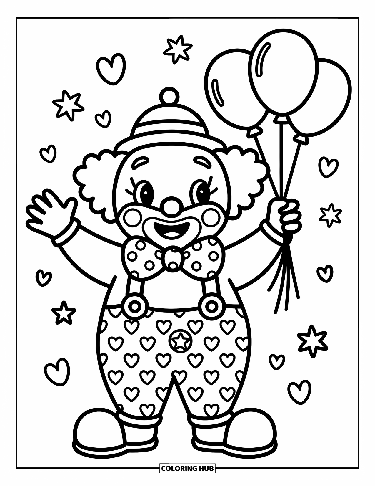 Clown Coloring Page for Adults: A clown waves one hand while holding balloon strings with the other