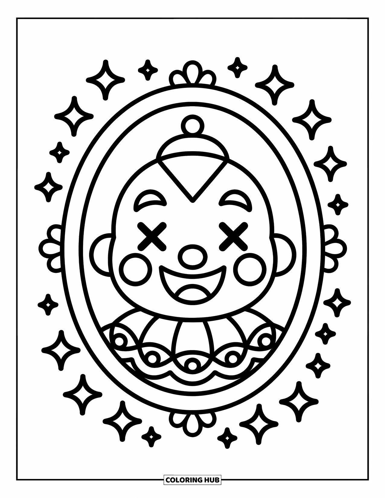 Clown Coloring Page for Adults: A clownís silly expression fills a framed mirror with twinkly stars nearby