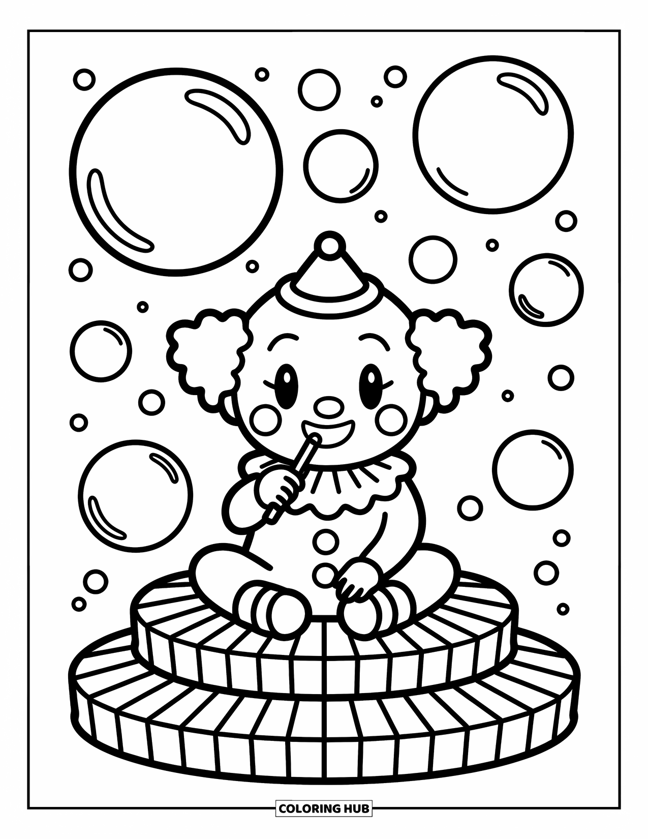 Clown Coloring Page for Adults: A cute clown sits blowing bubbles, surrounded by floating hearts and stars