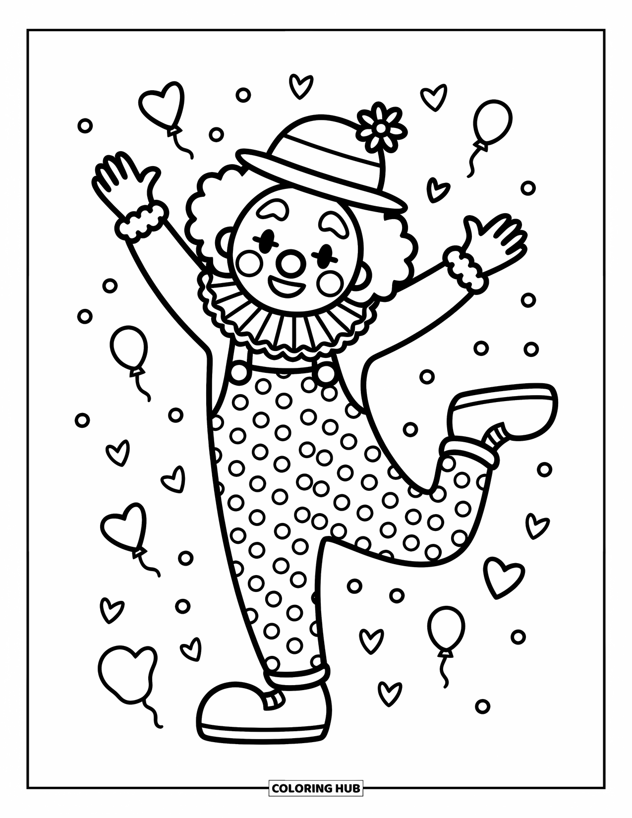 Clown Coloring Page for Adults: A dancing clown lifts one leg with confetti fluttering through the air
