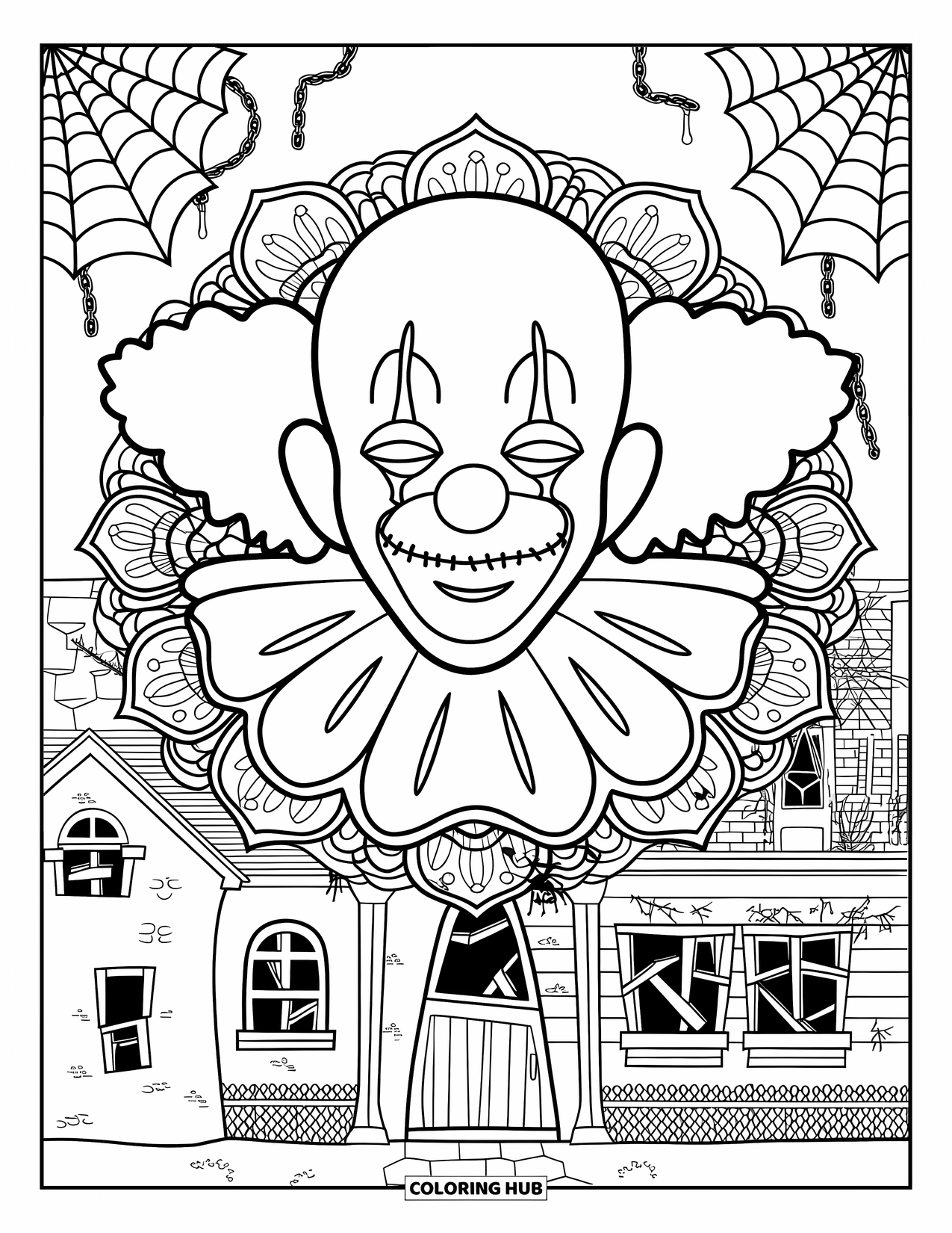 Clown Coloring Page for Adults: A ghostly clown with quiet lips haunts a mansion wrapped in mandalas and chains