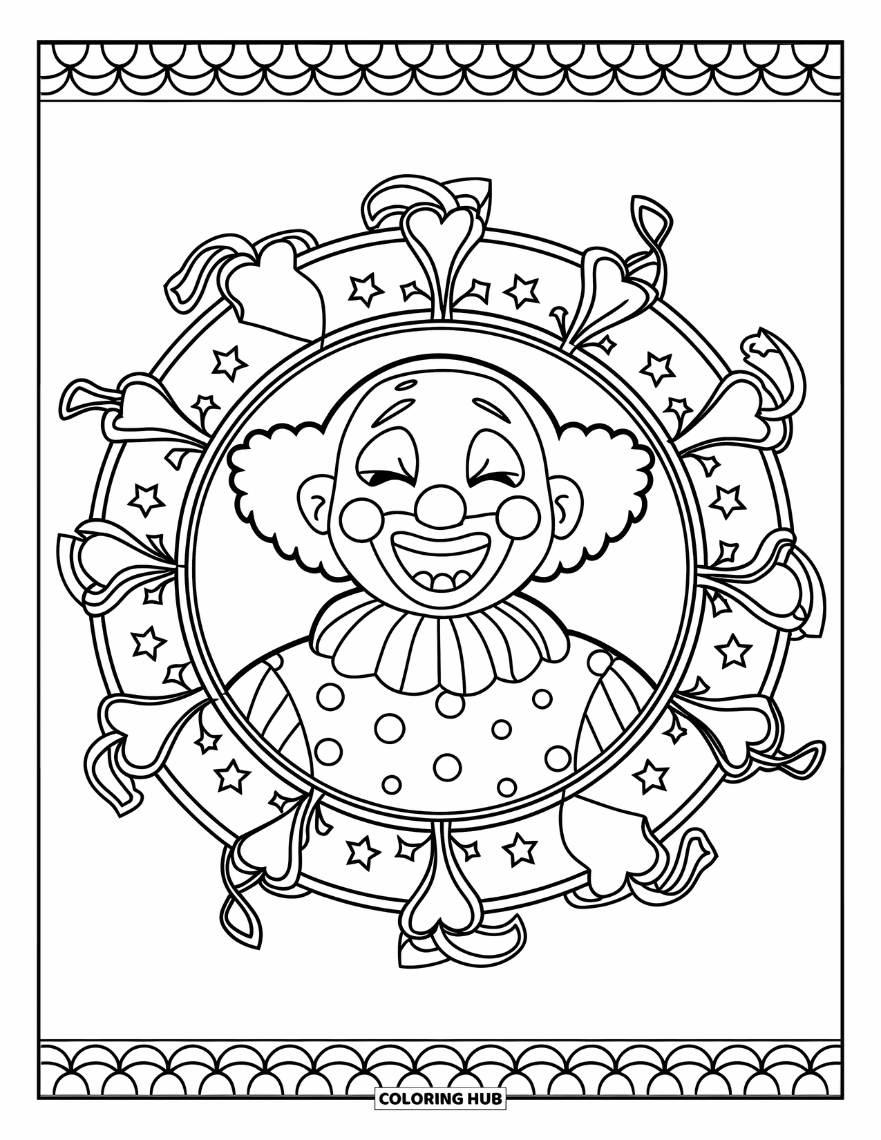 Clown Coloring Page for Adults: A giggling clown with puffy cheeks is surrounded by stars and ribboned mandalas