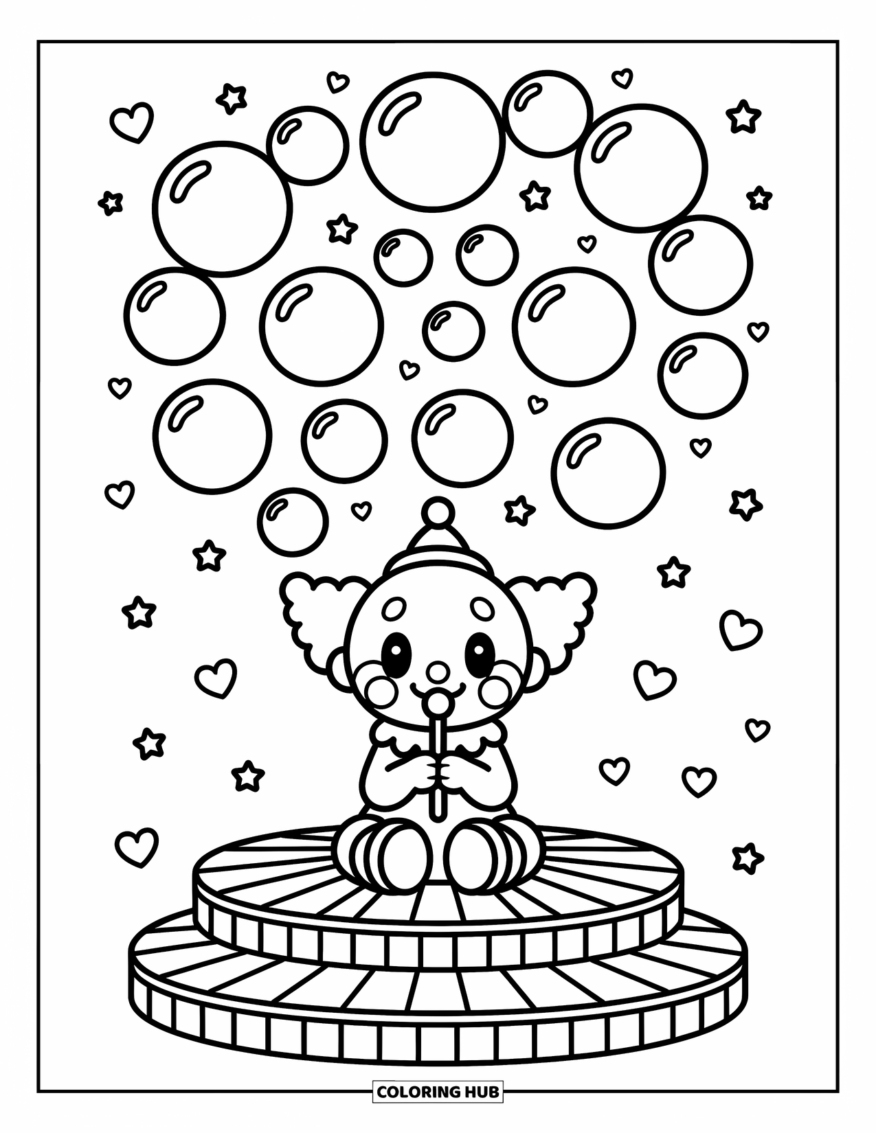 Clown Coloring Page for Adults: A happy clown blows bubbles from a wand, filling the air with joy