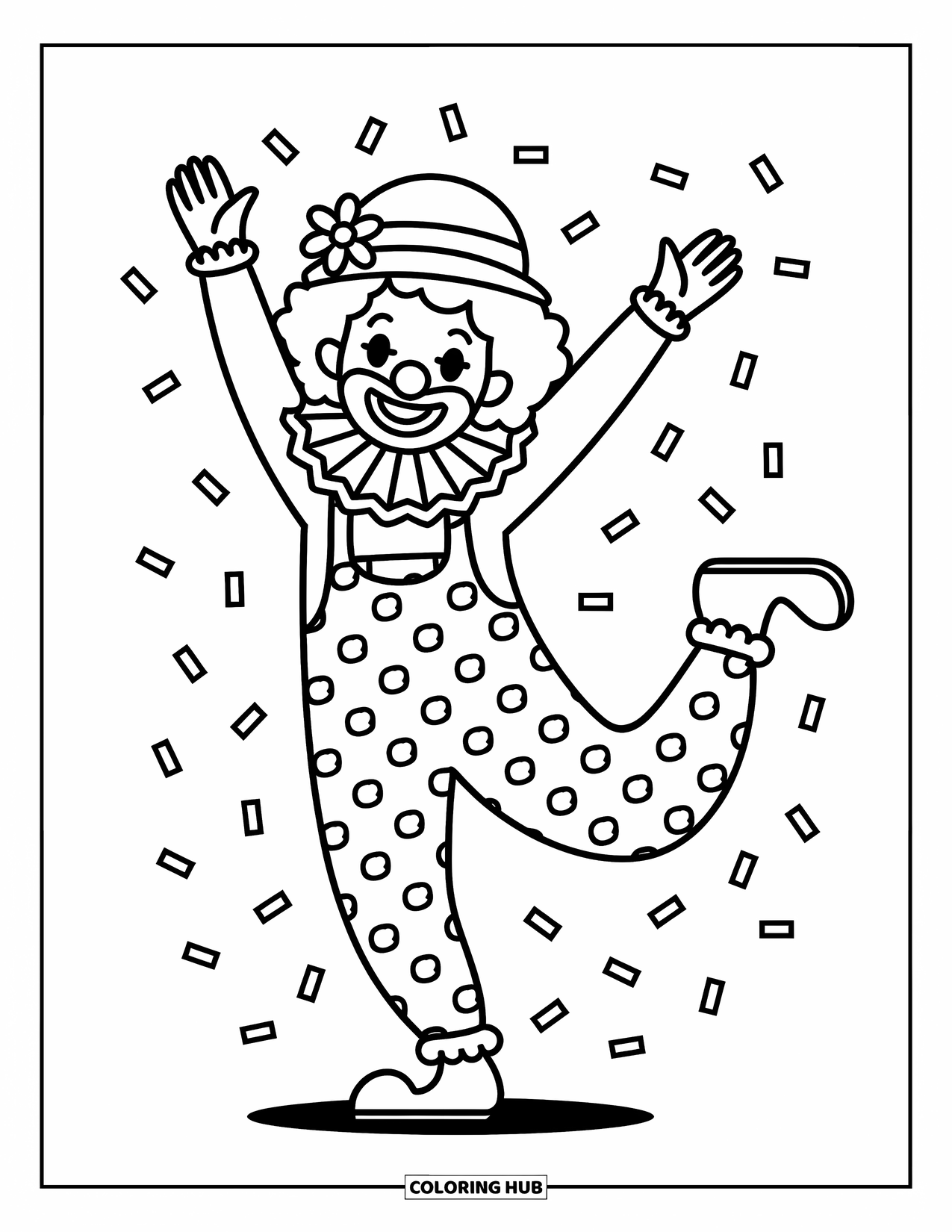 Clown Coloring Page for Adults: A happy clown dances with confetti, wearing frilly overalls and a flowered hat