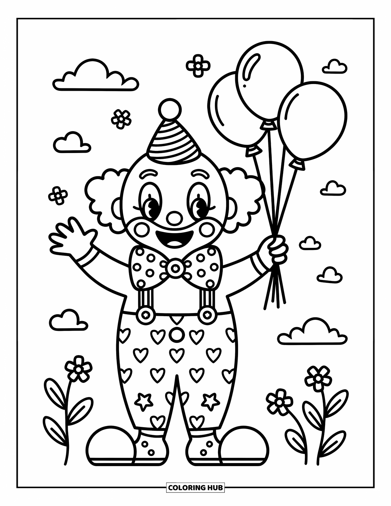 Clown Coloring Page for Adults: A happy clown waves with one hand and clutches cute balloons with the other