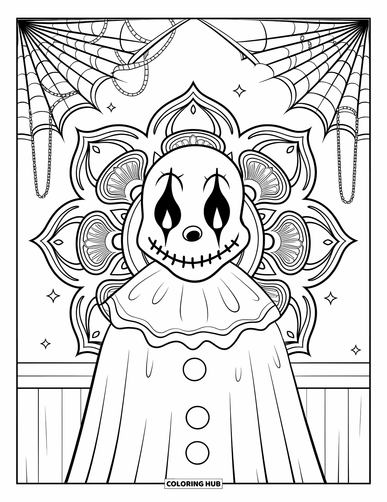 Clown Coloring Page for Adults: A haunting clown with stitched lips is framed by webs and delicate mandala petals