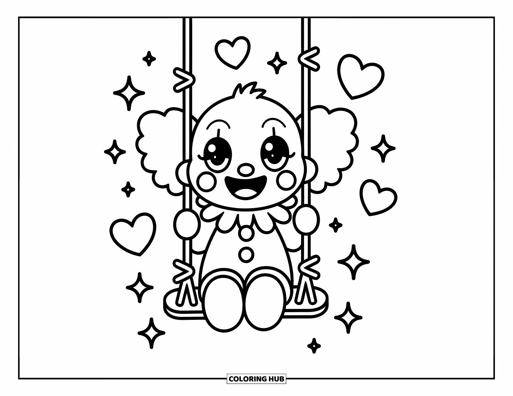 Clown Coloring Page for Adults: A joyful clown with big eyes swings happily under sparkles and stars