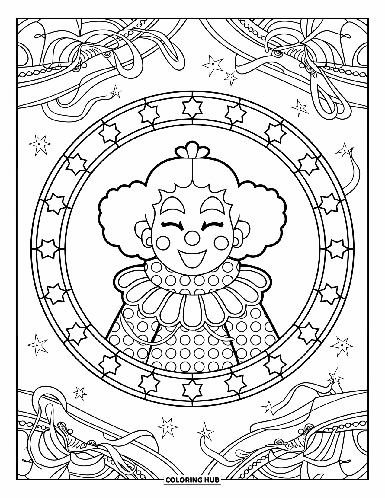 Clown Coloring Page for Adults: A joyful clown with round cheeks sits within starry, swirling mandala circles