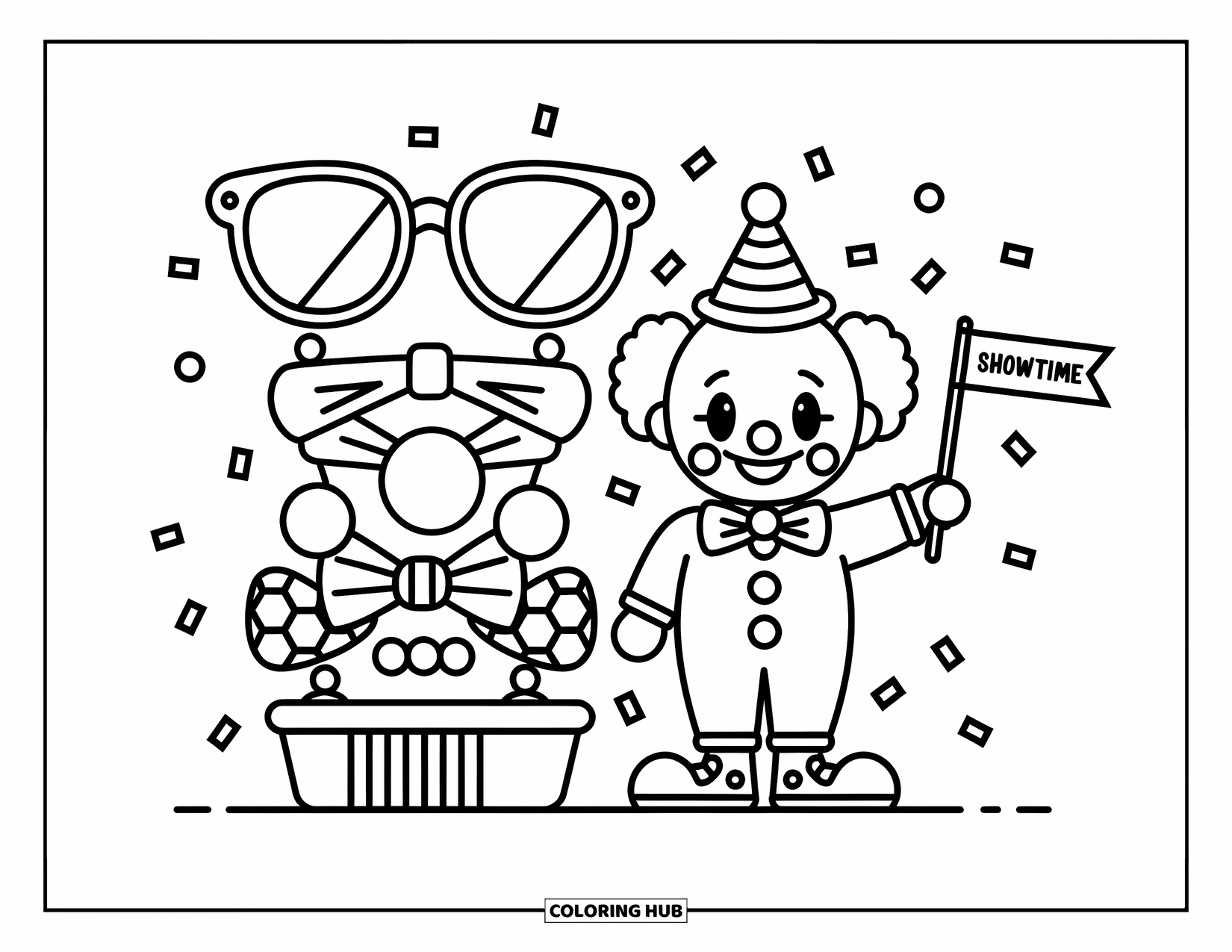 Clown Coloring Page for Adults: A proud clown stands near fun props and falling confetti with a big happy grin