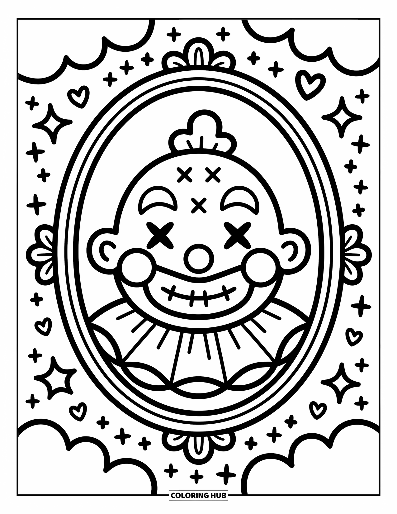 Clown Coloring Page for Adults: A puff-cheeked clown makes a goofy face in a mirror, surrounded by tiny hearts