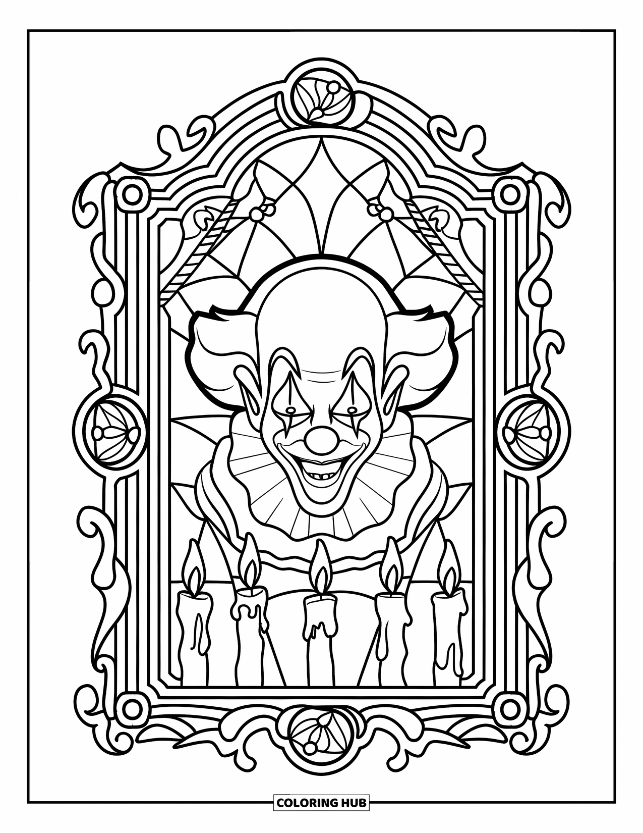 Clown Coloring Page for Adults: A sinister clown peers through a stained glass frame with twisted carnival icons