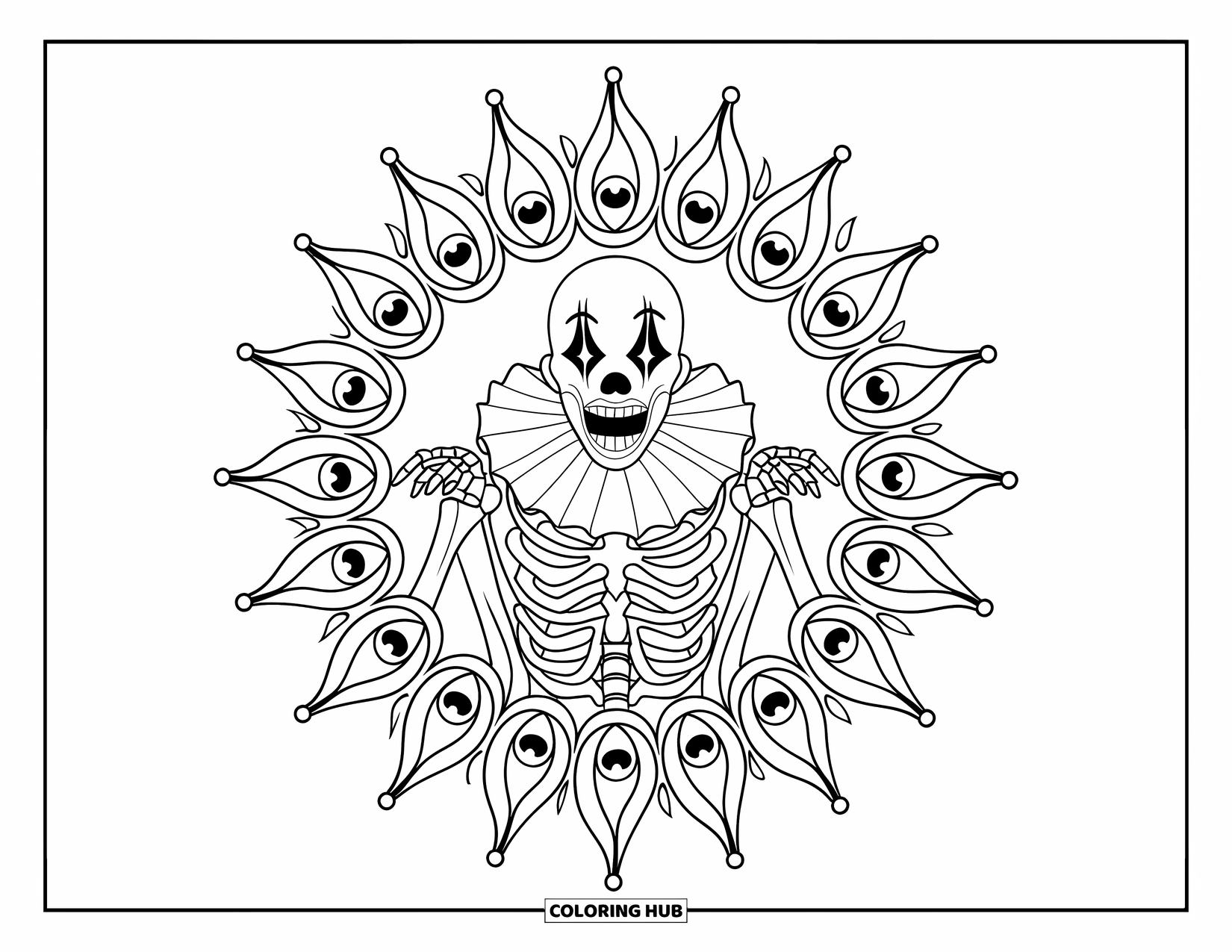 Clown Coloring Page for Adults: A skeletal clown screams silently inside a bold mandala of flames and watching eyes