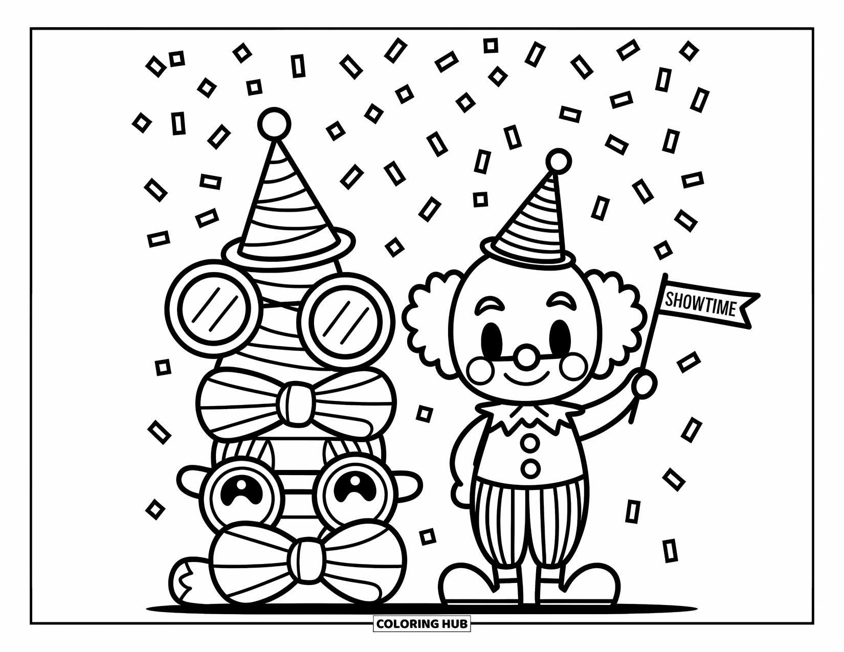 Clown Coloring Page for Adults: A smiling clown stands by party props, holding a tiny "Showtime" flag
