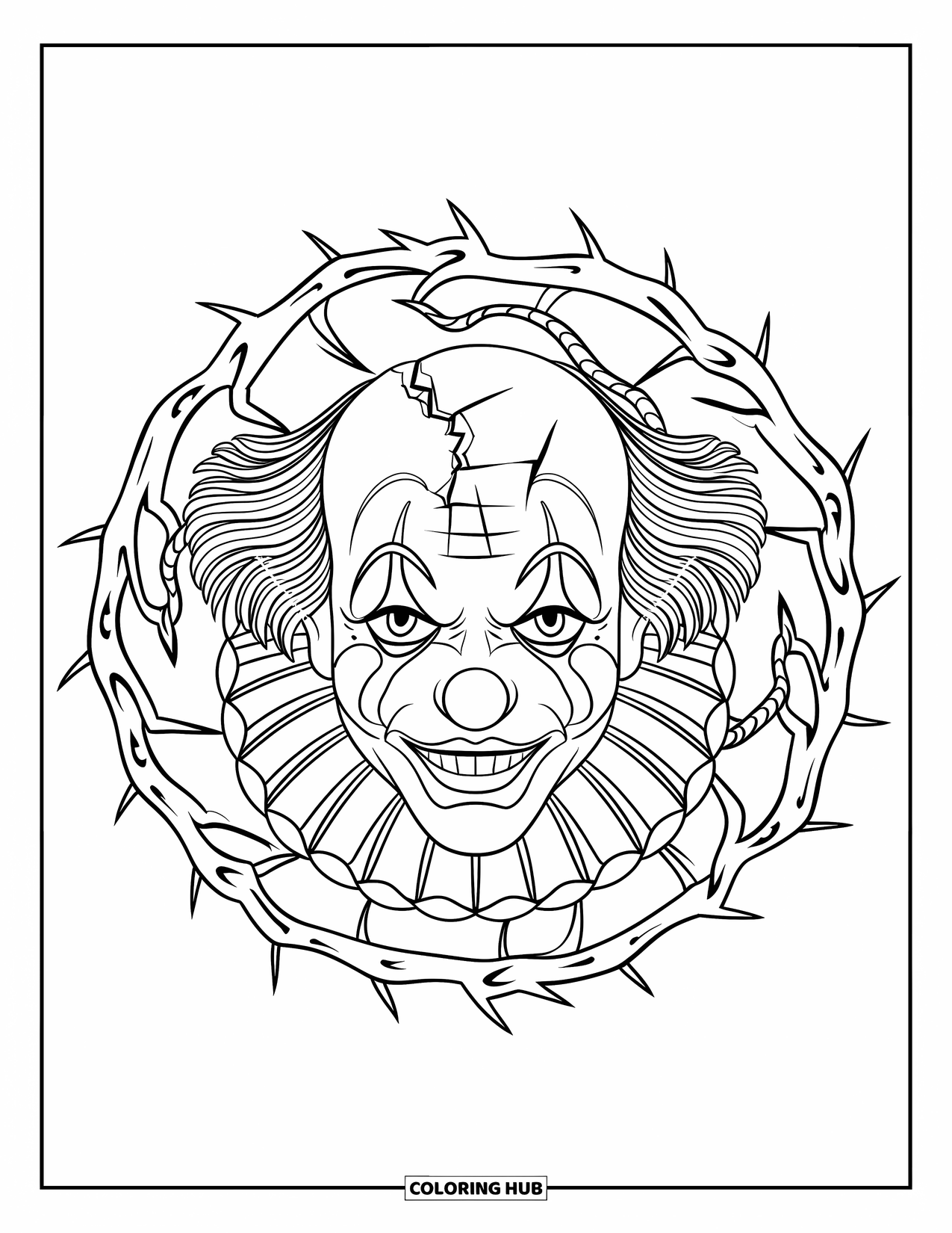 Clown Coloring Page for Adults: A spooky clown face with cracks sits at the center of a thorny mandala