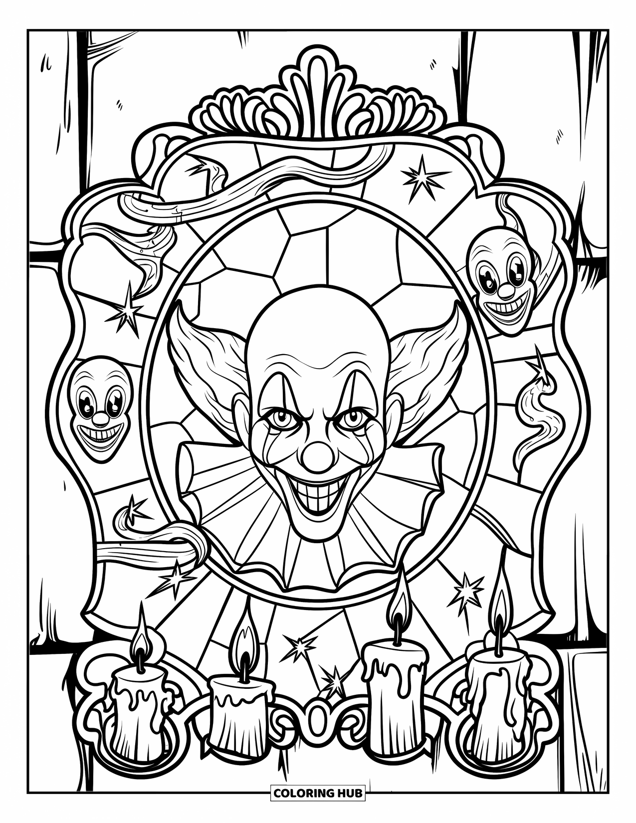 Clown Coloring Page for Adults: A spooky clown peeks from stained glass framed by candles and carnival shapes