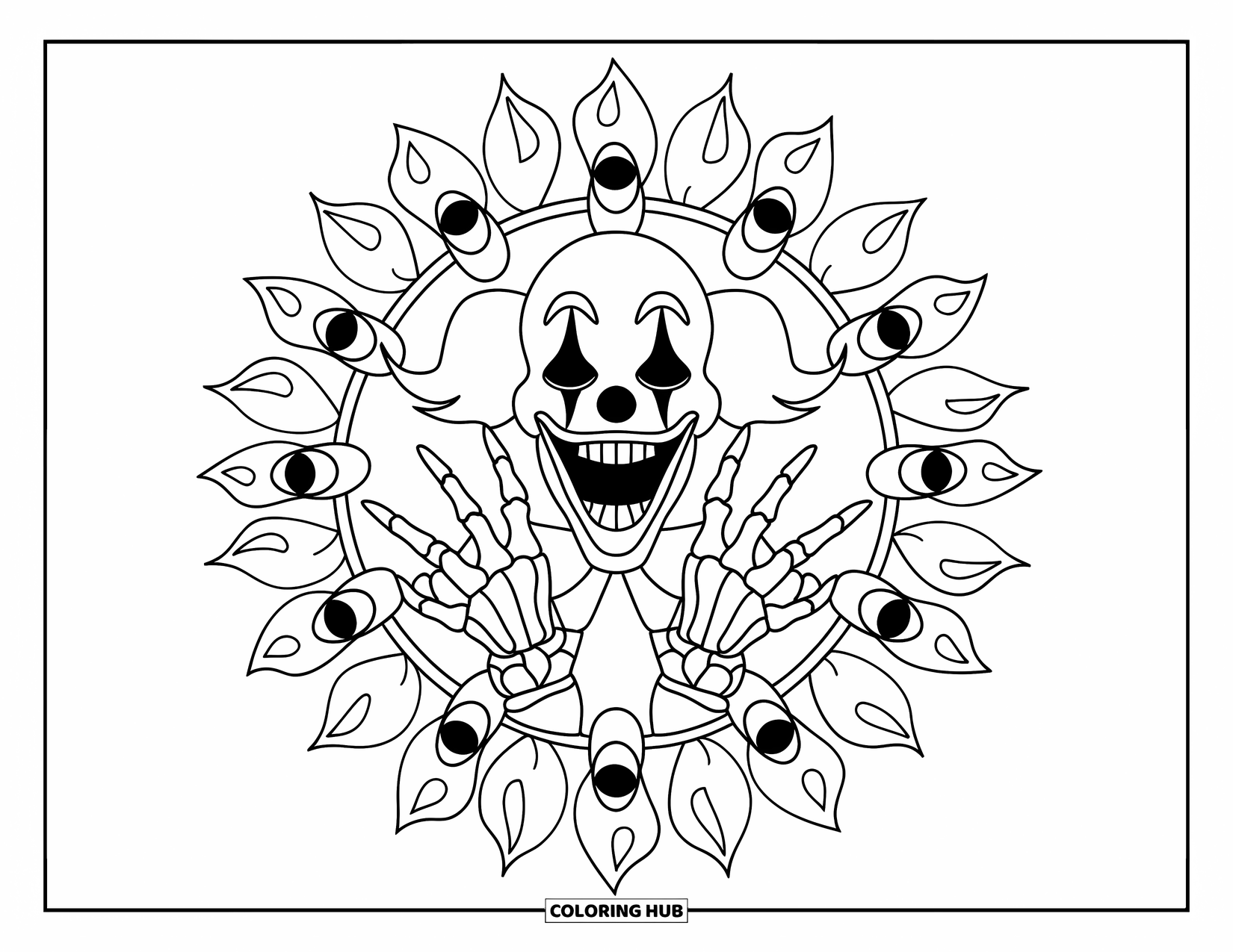 Clown Coloring Page for Adults: A spooky clown poses in silence, framed by eyes and fiery mandala lines