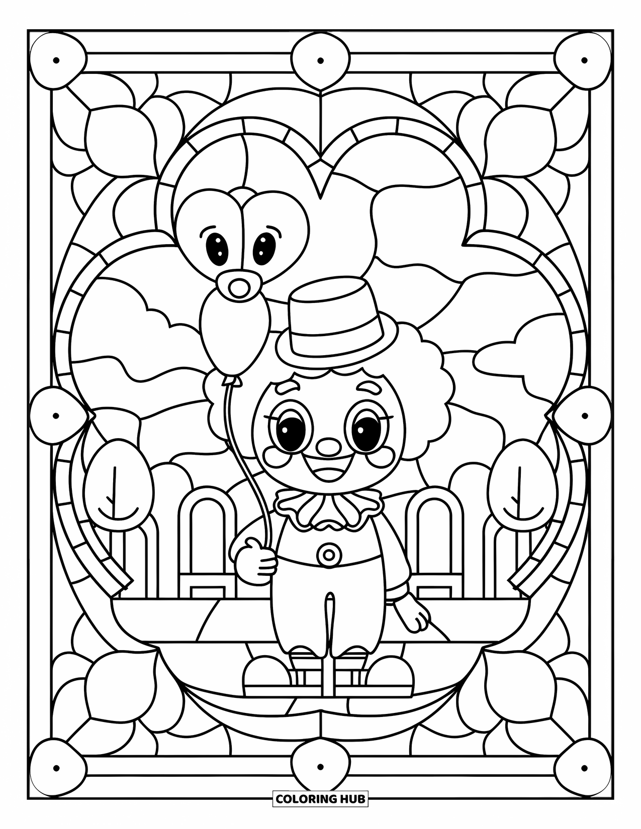 Clown Coloring Page for Adults: A sweet clown with a balloon animal smiles in front of heart-stained windows