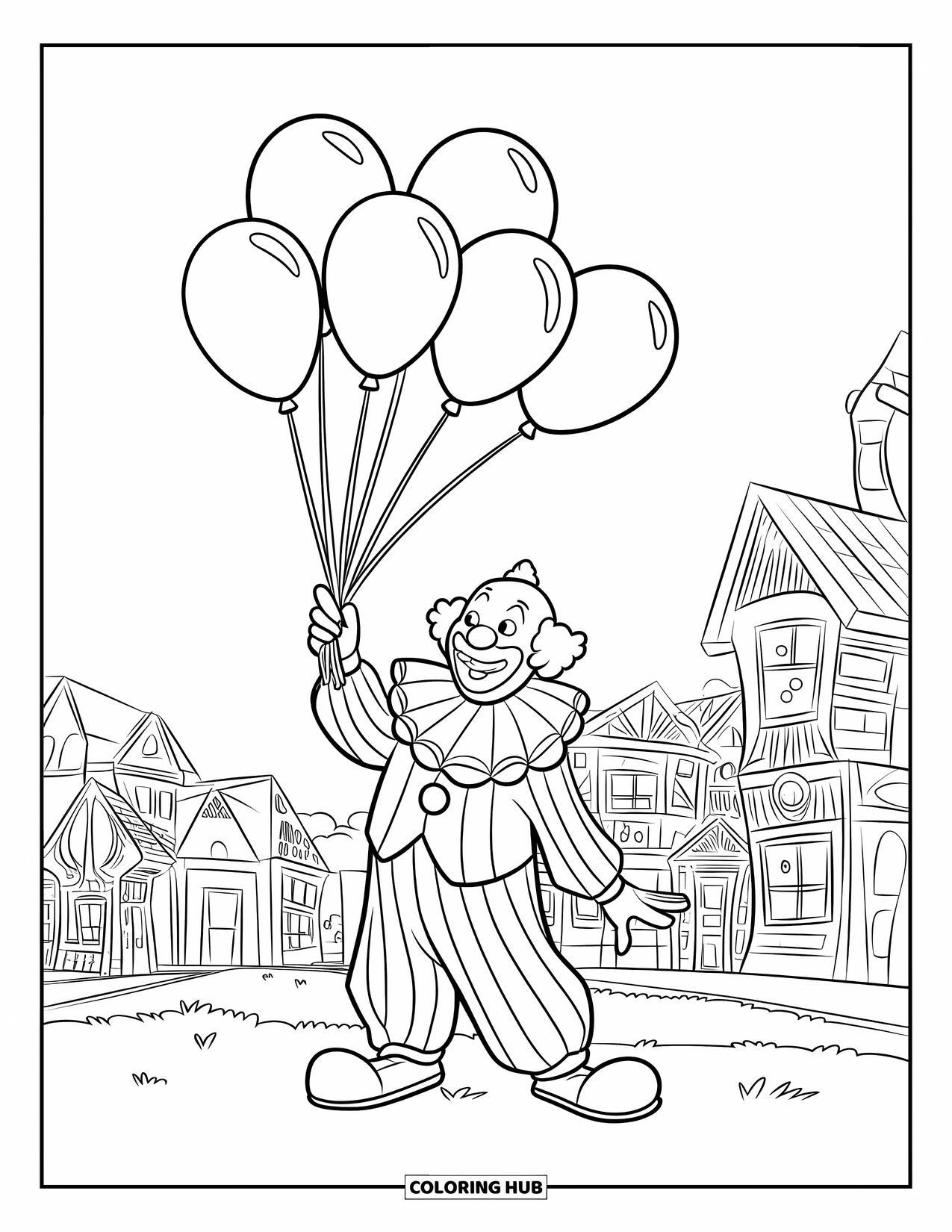 Clown Coloring Page for Kids: A balloon-filled clown floats above whimsical houses and grassy hills