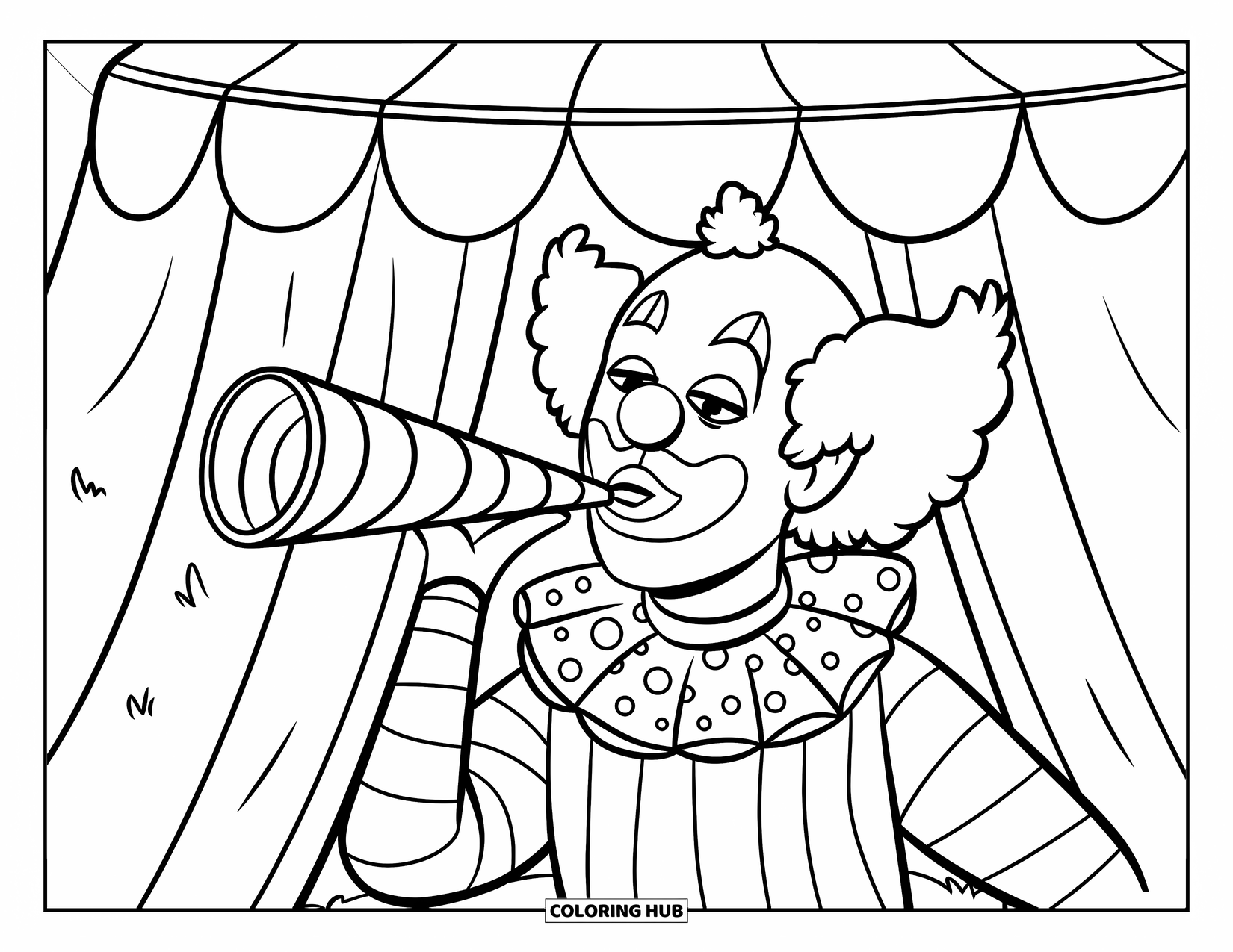 Clown Coloring Page for Kids: A clown blows a party horn under a tiny circus tent