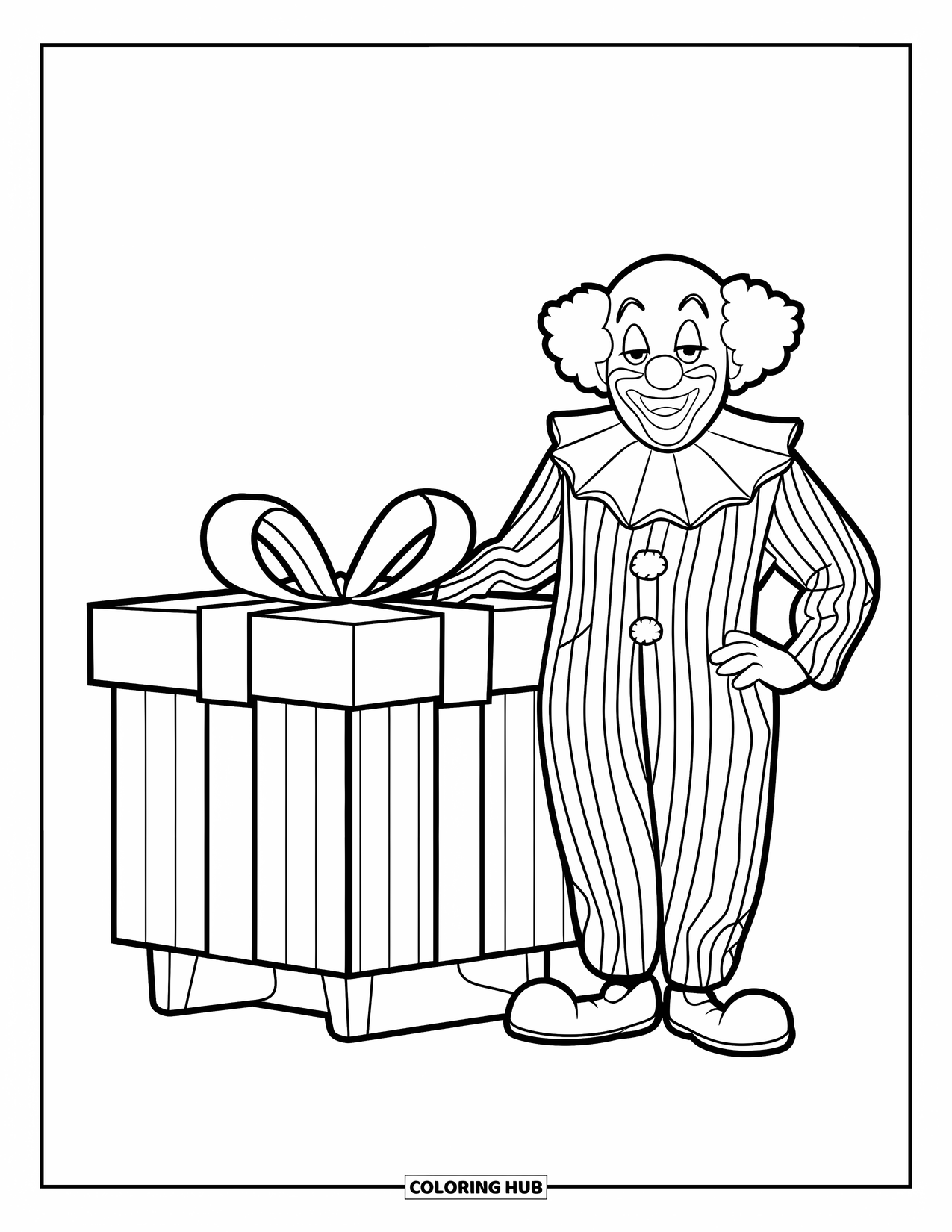 Clown Coloring Page for Kids: A clown holds a balloon beside a giant wrapped gift box