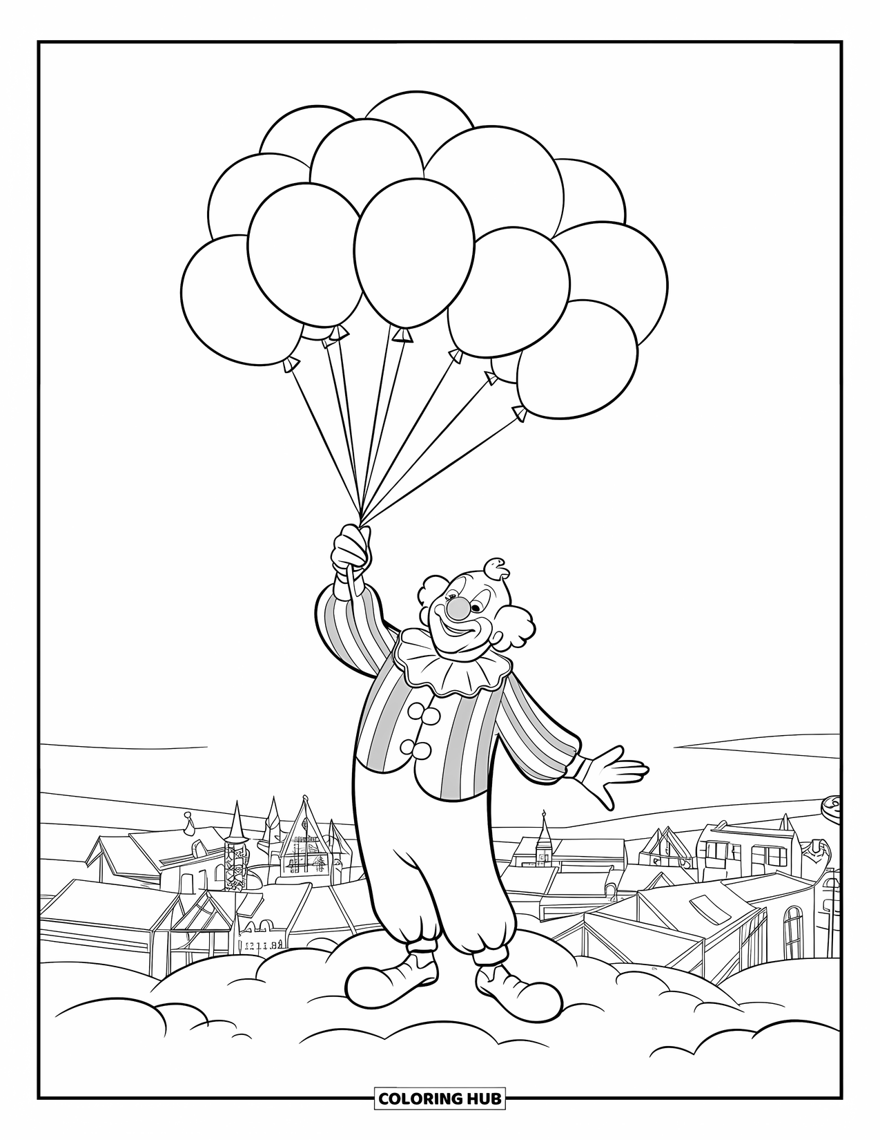 Clown Coloring Page for Kids: A clown holds balloons while floating gently above a quiet little town