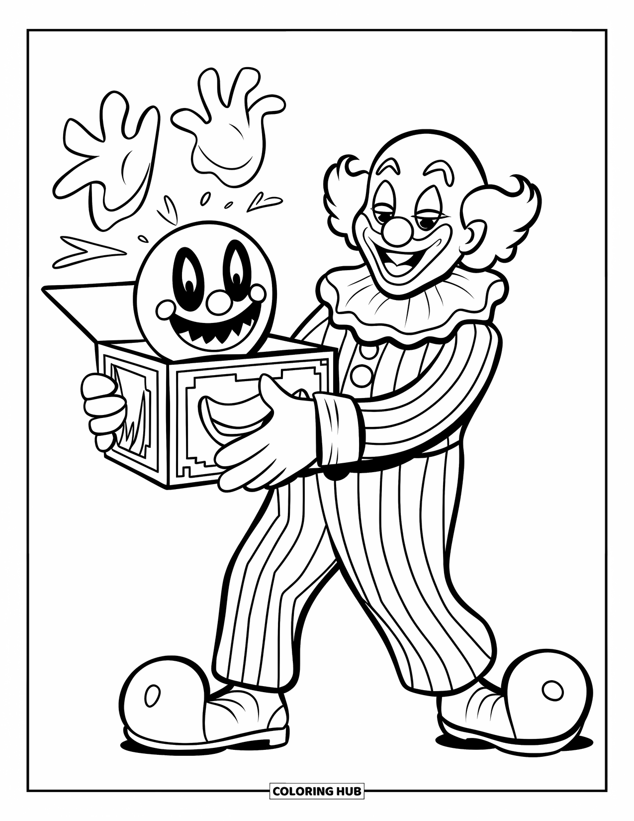 Clown Coloring Page for Kids: A clown in stripes holds a jack-in-the-box with a smiling ghost hand