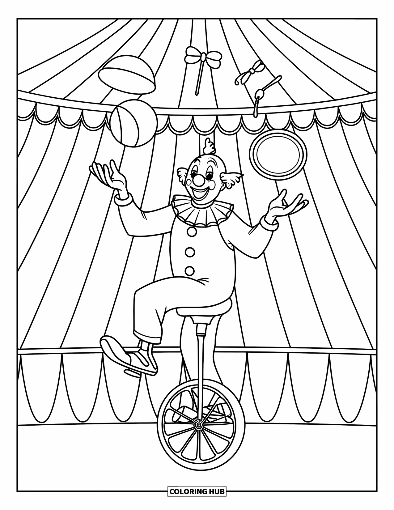 Clown Coloring Page for Kids: A clown juggles and pedals across the tent on a tiny unicycle