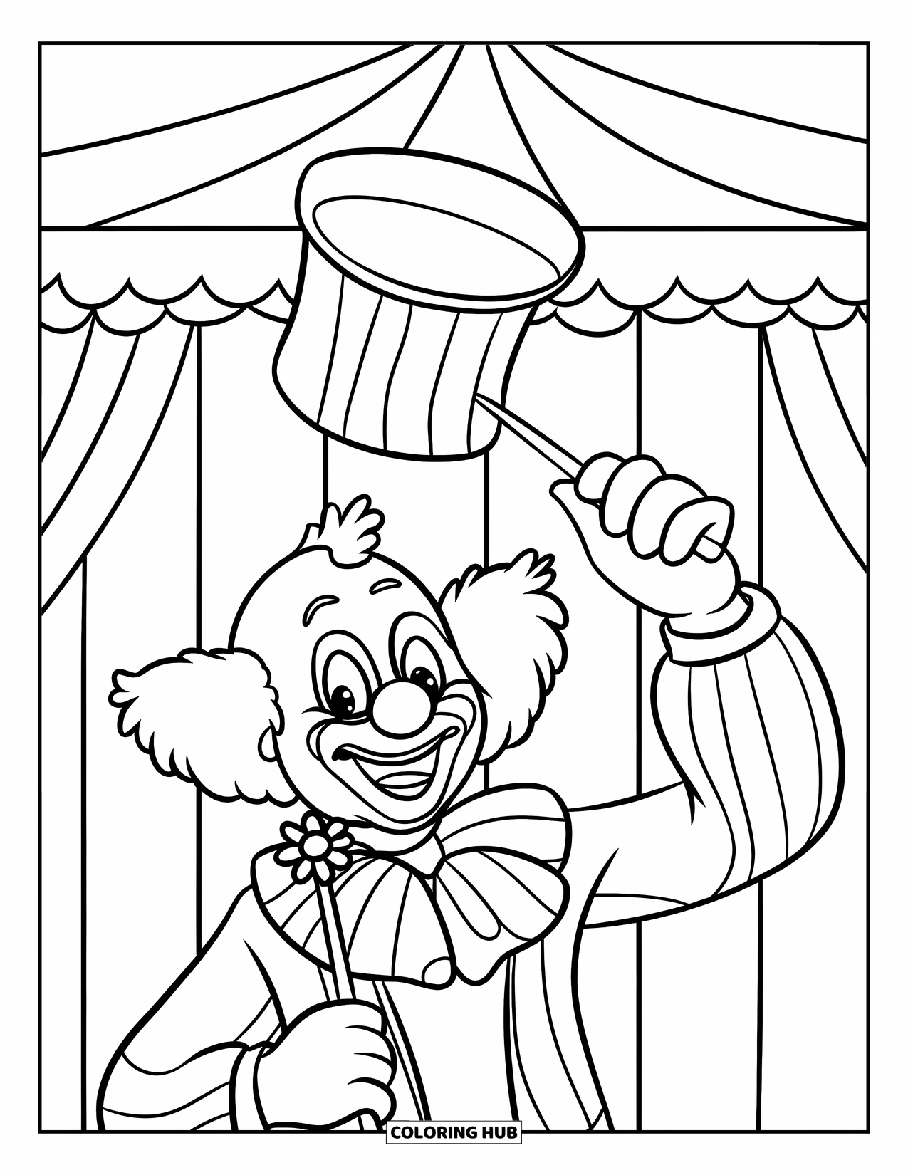 Clown Coloring Page for Kids: A clown pulls a flower from a hat with his magic wand