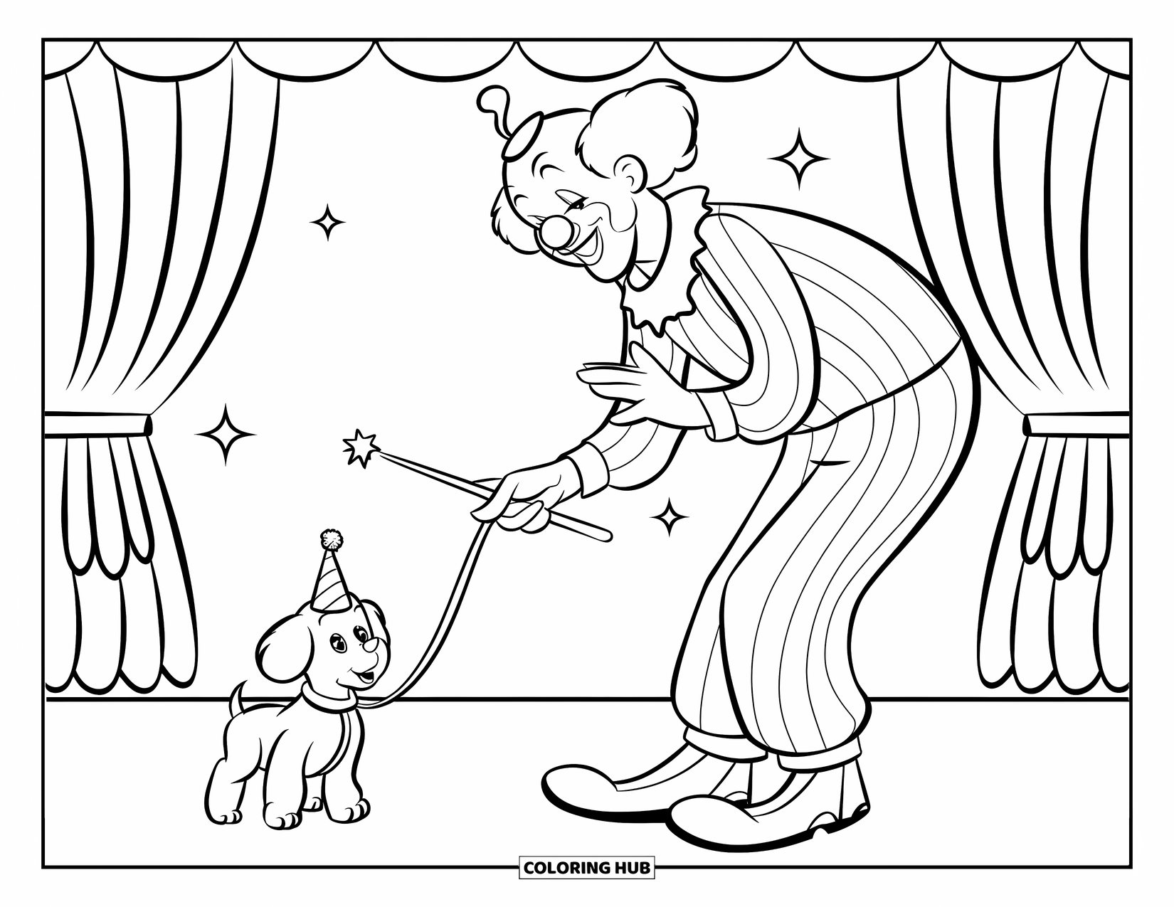 Clown Coloring Page for Kids: A clown with a magic wand performs a trick with his puppy in a tent