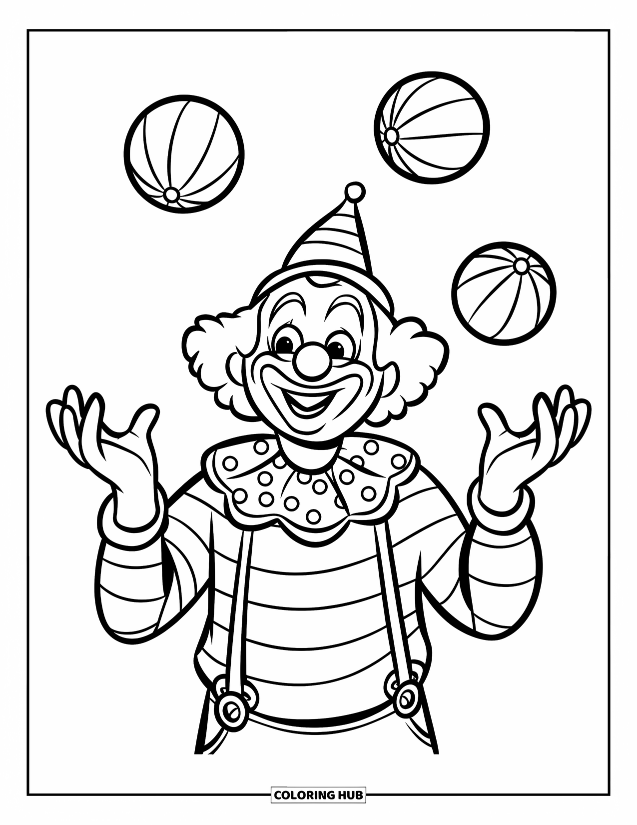 Clown Coloring Page for Kids: A clown with a red nose juggles three balls against a blank backdrop