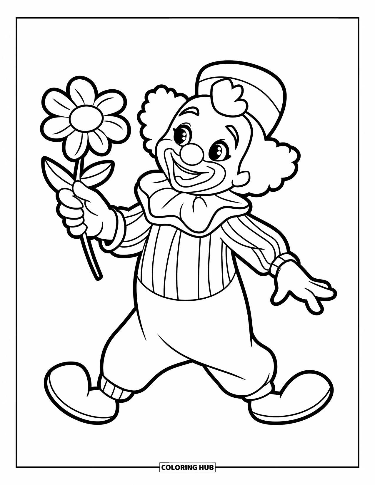 Clown Coloring Page for Kids: A clown with a red nose smiles while showing off a little flower