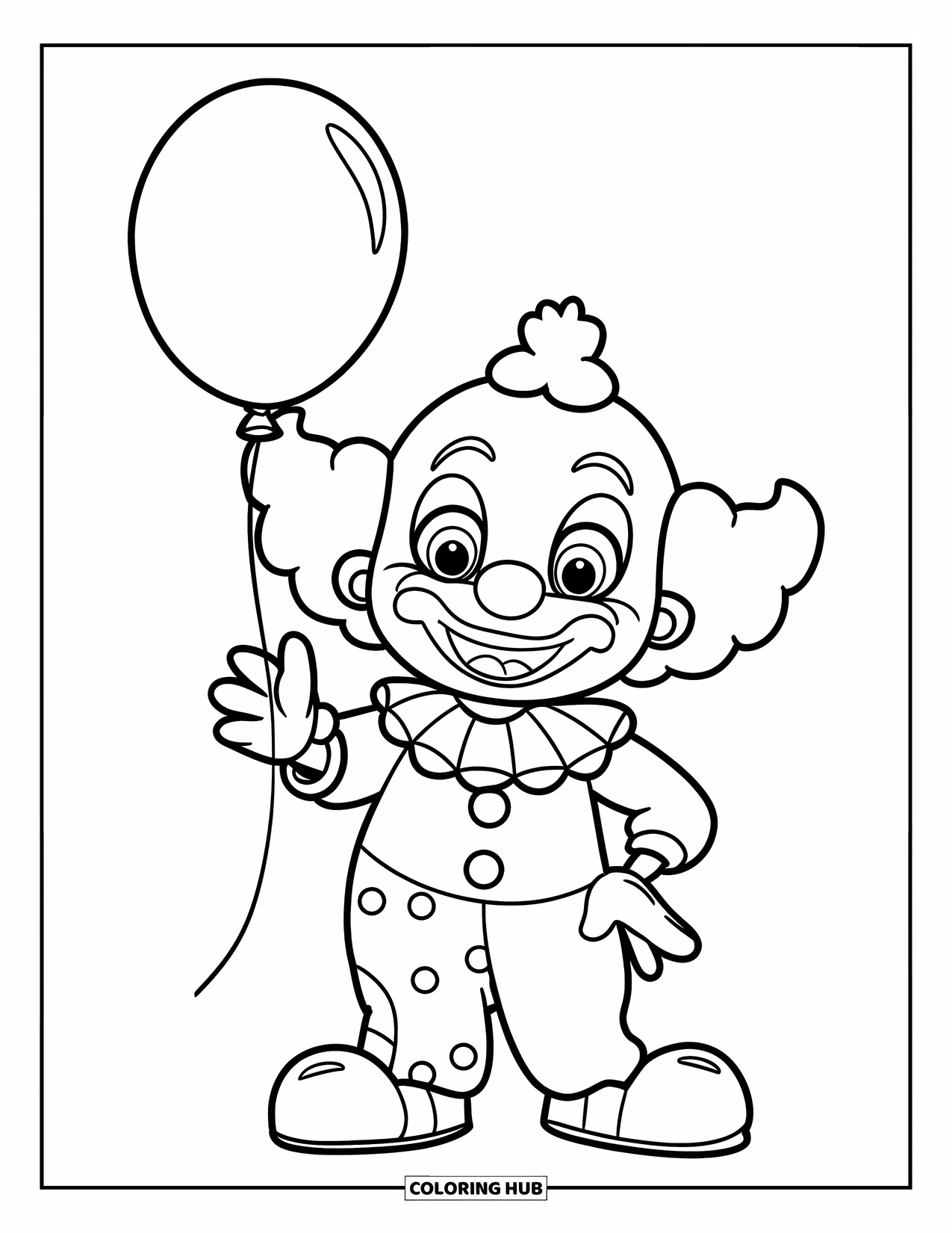 Clown Coloring Page for Kids: A clown with a red nose waves with one balloon in a clean background
